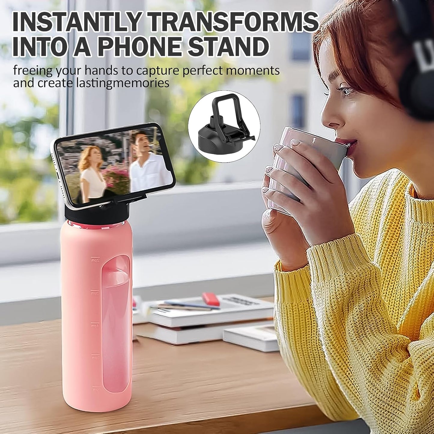 32oz Glass Water Bottle with Straw and 2 Lids- Bamboo Straw and Spout Lid with Phone Holder for Gym, Glass Drinking Bottles with Silicone Sleeve and Motivational Time Marker, Pink