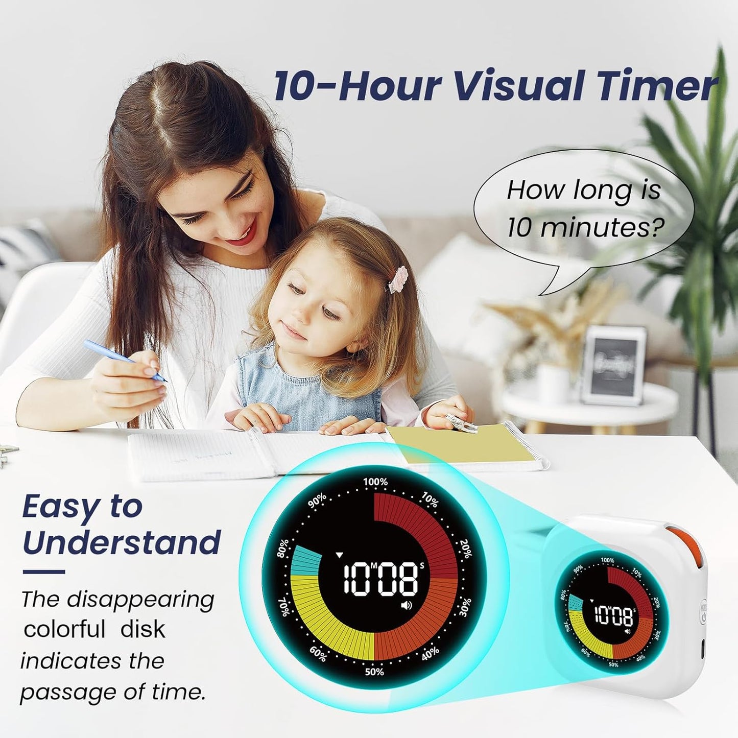 Visual Timer for Kids, 10 Hours Countdown/Up, with Rechargeable, 3 Volume Levels, 3 Brightness Display, and Magnetic, Homeschool Study Tool, Large Digital Timers for Classroom, Kitchen