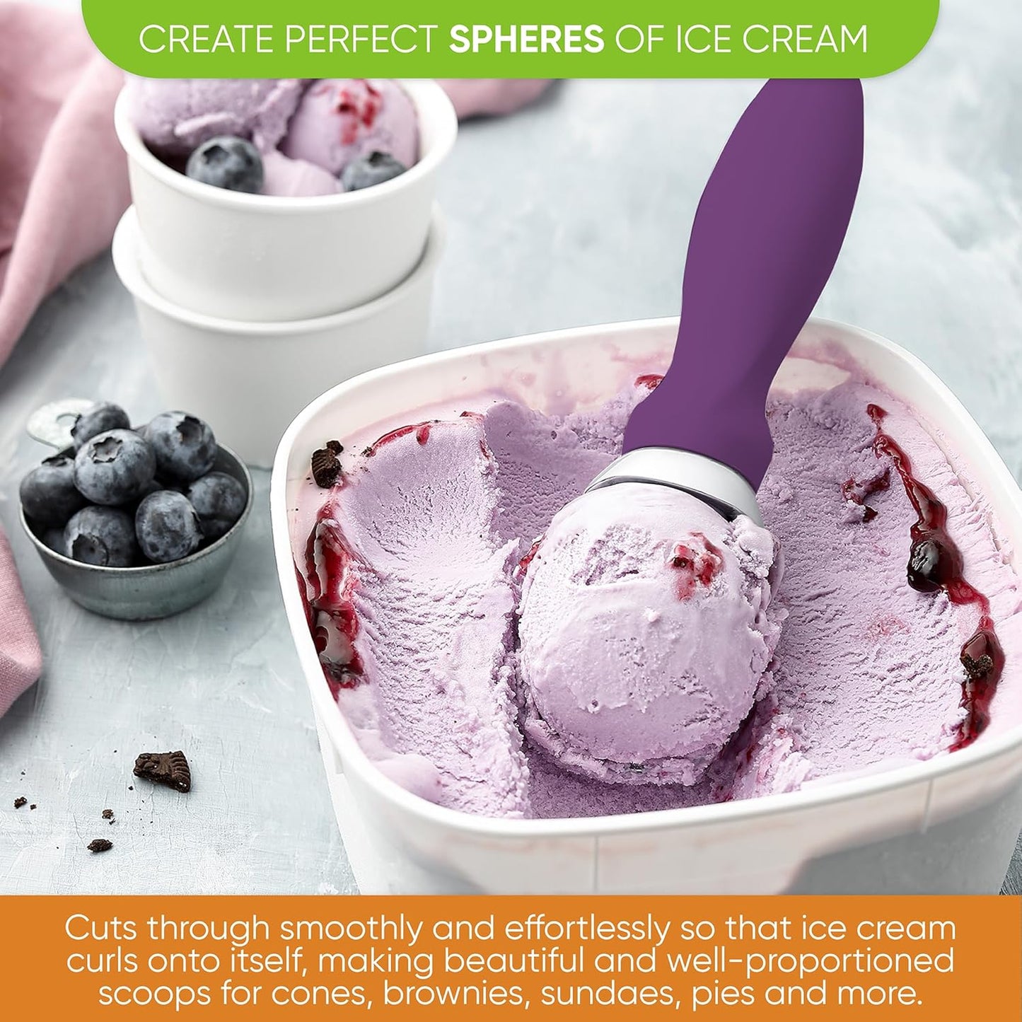 Spring Chef Ice Cream Scoop with Soft Grip Handle, Professional Heavy Duty Sturdy Scooper, Premium Kitchen Tool for Cookie Dough, Gelato, Sorbet, Purple