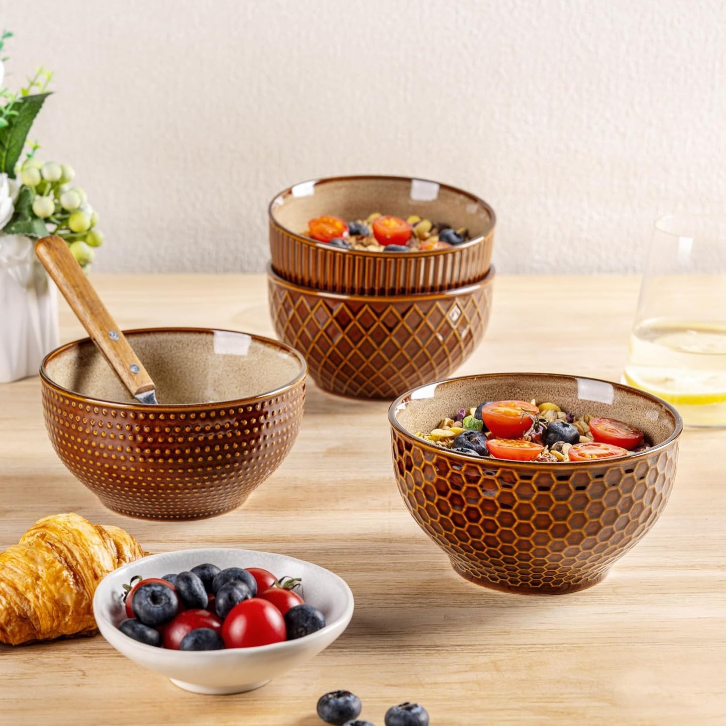 GBHOME Stoneware Cereal Bowls Set of 4, 24 oz Ceramic Soup Bowls with Texture Patterns for Soup,Oatmeal,Snack Perfect for Wedding, House-warming Gift - Caramel