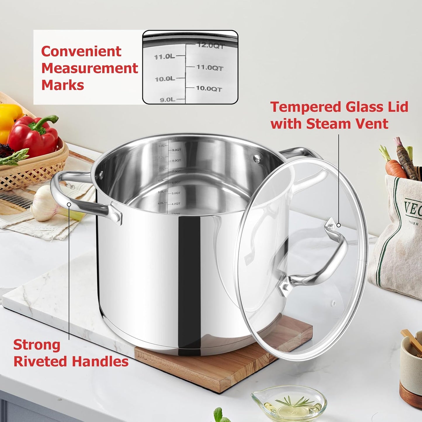 LIANYU 12 QT Stock Pot with Lid, 12 Quart Stainless Steel Large Tall Soup Pot for Cooking, Big Deep Stockpot with Visible Lid, Tri-ply Heavy Duty Stockpot for Induction, Stoves, Gas