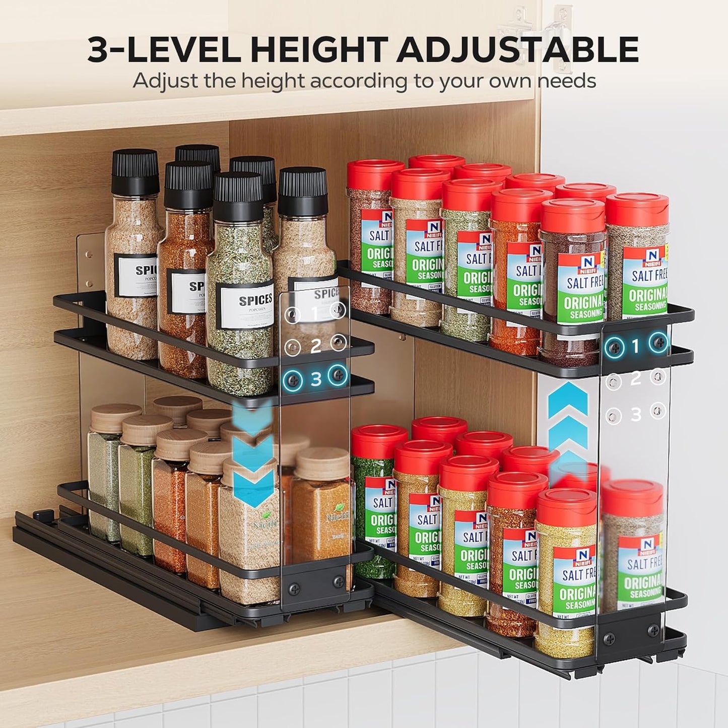 Nieifi Pull Out Spice Rack Organizer, 2 Tiers, Acrylic Transparent, Spice Organization for Cabinet, Height Adjustable, Easy to Install