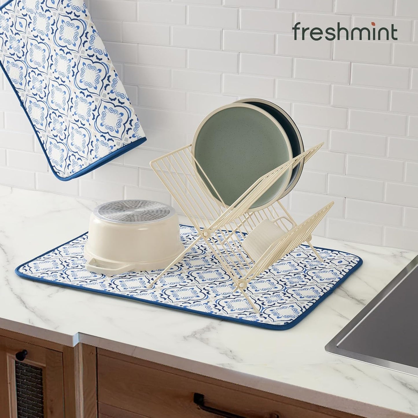 FRESHMINT Printed Dish Drying Mats for Kitchen Counter 2 Pack Absorbent Reversible Drying Mats Microfiber Kitchen Countertop Protector Dishes Drying Pad Extra Large 18"x16" Dish Mat