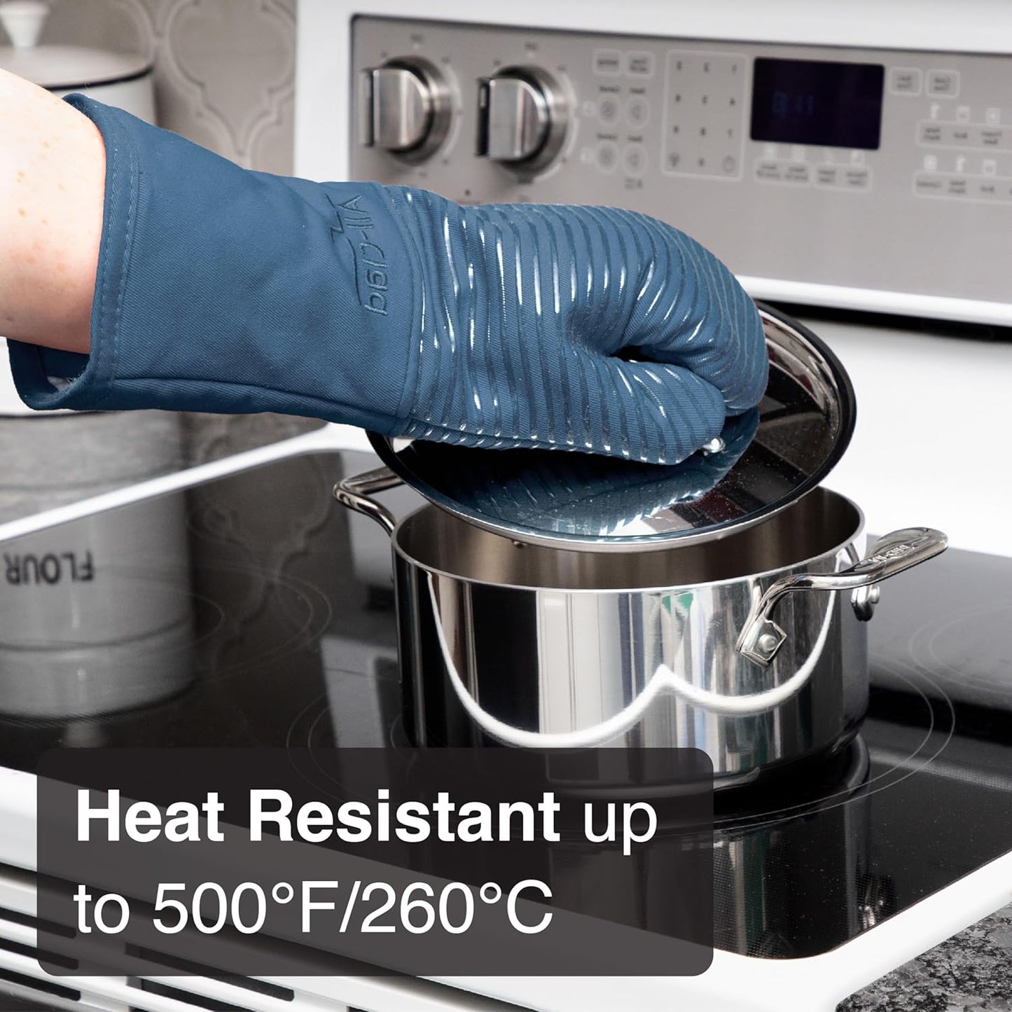 All-Clad Premium Silicone Oven Mitt: Heat Resistant to 500 Degrees - 100% Cotton & Silicone, 14"x7" Pot Holder for Kitchen and Barbeque, (1-Pack), Indigo