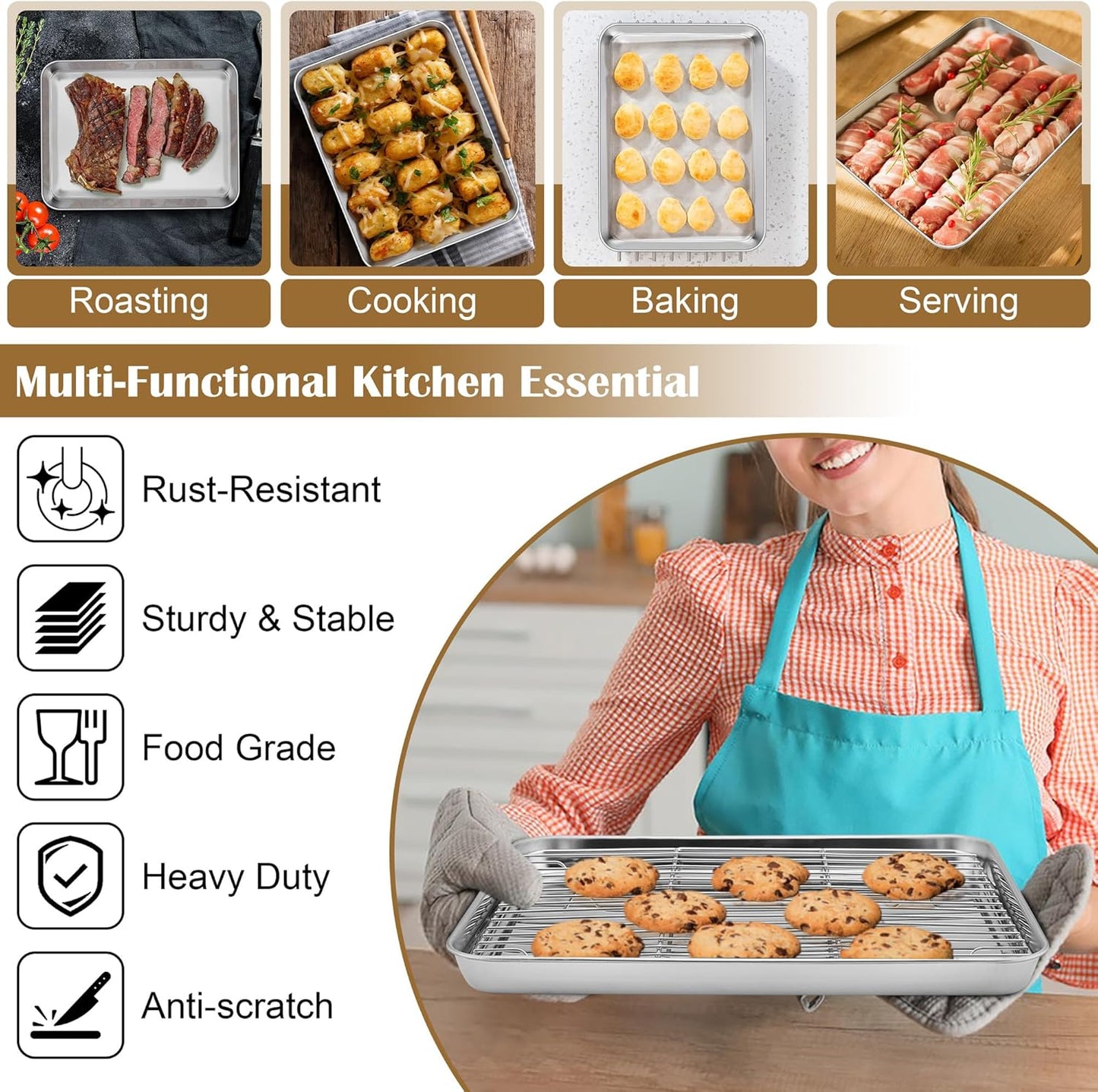 E-far Baking Sheet with Wire Rack (2 Pans + 2 Racks), Stainless Steel Cookie Sheets Pan & Cooling Rack for Baking Cookies Cake, Non Toxic & Heavy Duty, Oven & Dishwasher Safe, 12.4 x 9.7 x 1 Inch