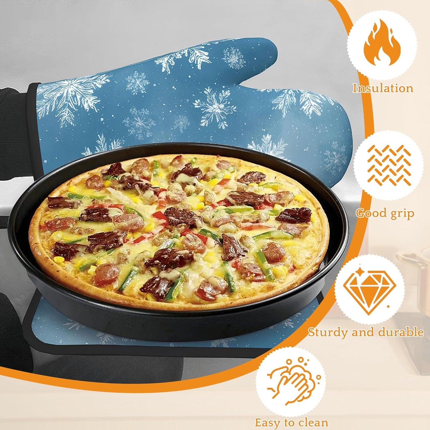 Snowflakes Oven Mitts and Pot Holders,Christmas Heat Resistant Oven Mitts Gloves and Pot Holder for Home Kitchen Decorations Cooking Baking BBQ Gifts,Set of 4