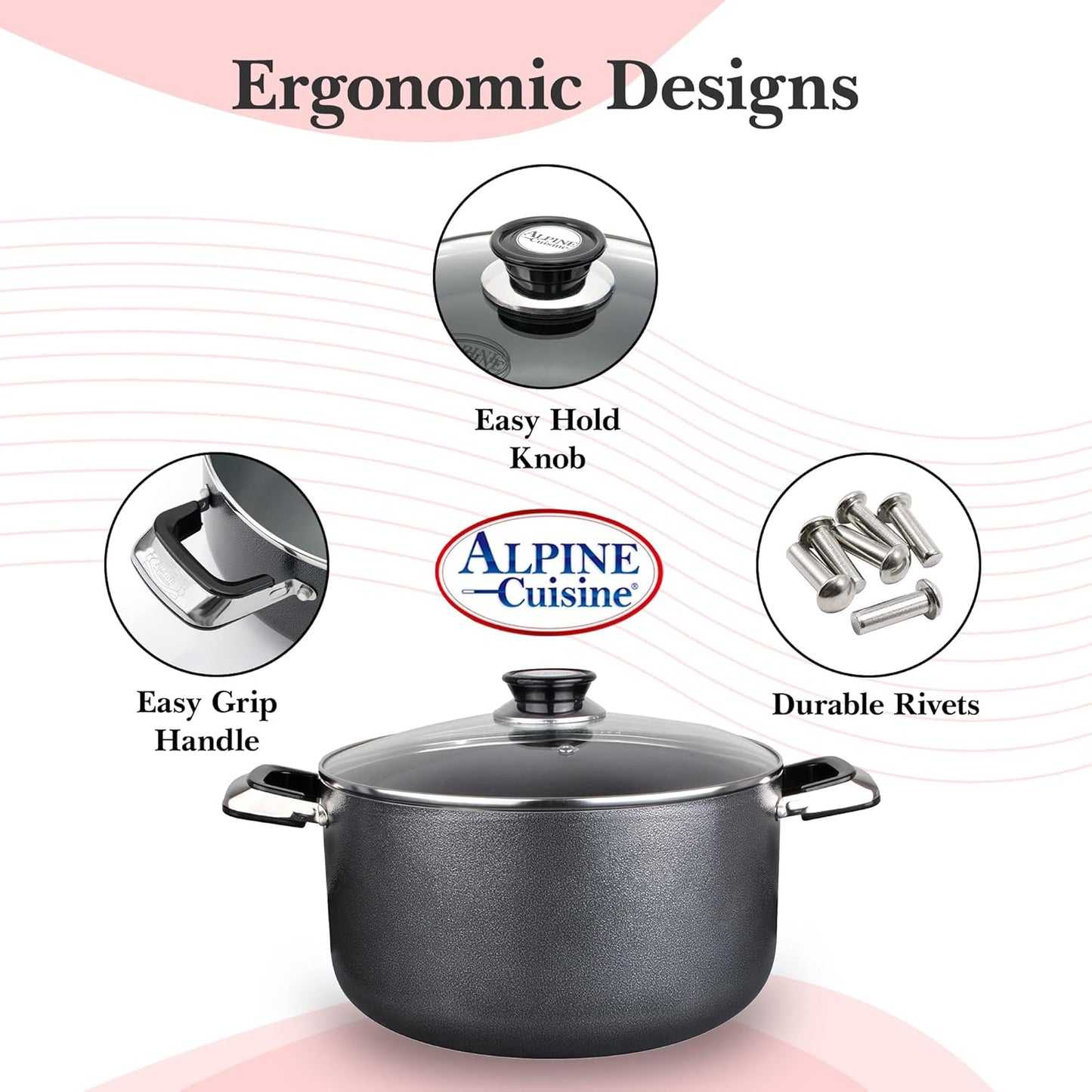 Alpine Cuisine 24 Quart Non-stick Stock Pot with Tempered Glass Lid and Carrying Handles, Multi-Purpose Cookware Aluminum Dutch Oven for Braising, Boiling, Stewing