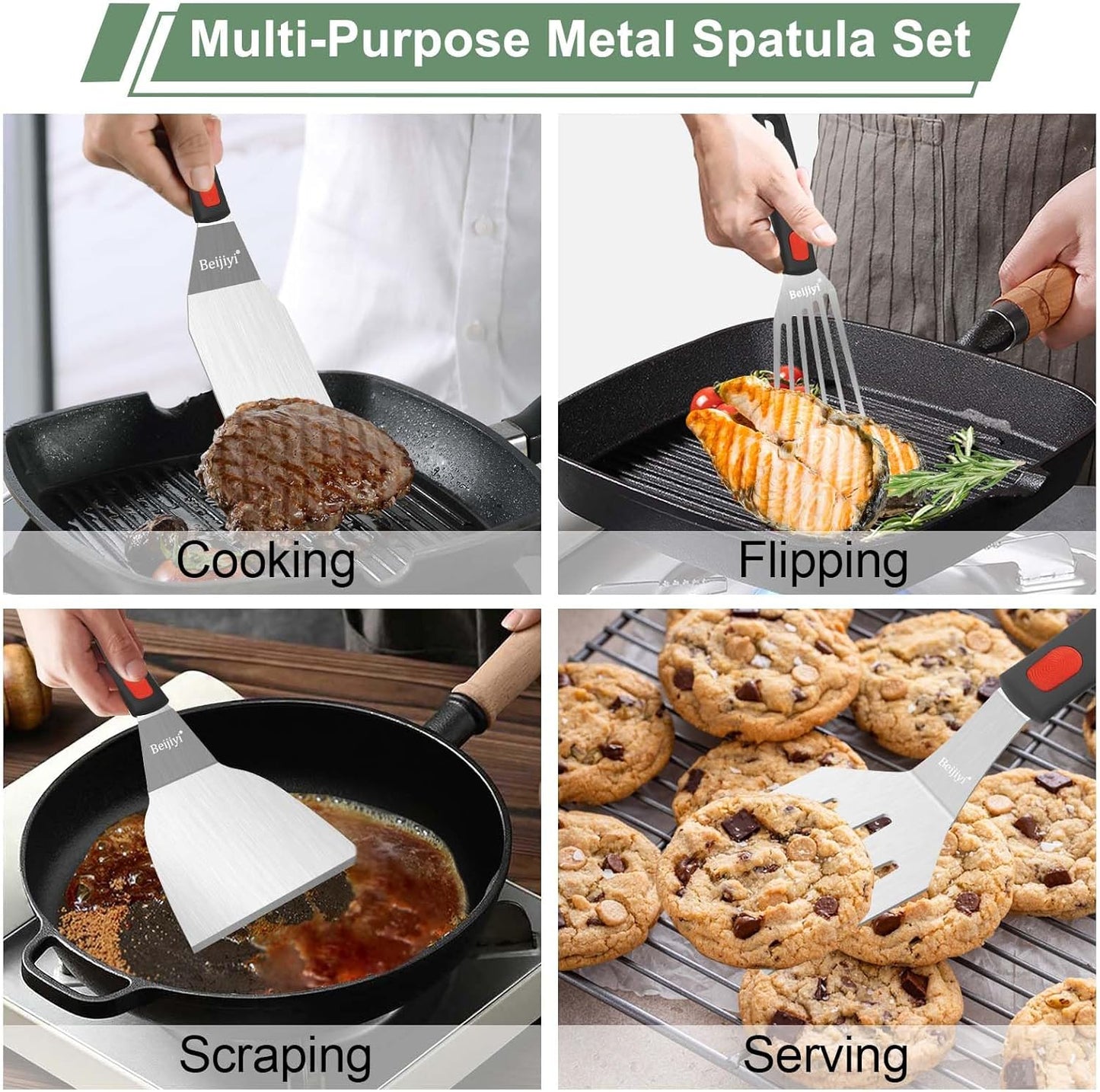 Beijiyi Stainless Steel Spatula Set, 4 Pack Small Metal Turner Spatulas for Kitchen Use, Cooking Utensils with Silicone Handle, Flipper Spatula for Fish, Egg, Smash Burger and Cookie Serving