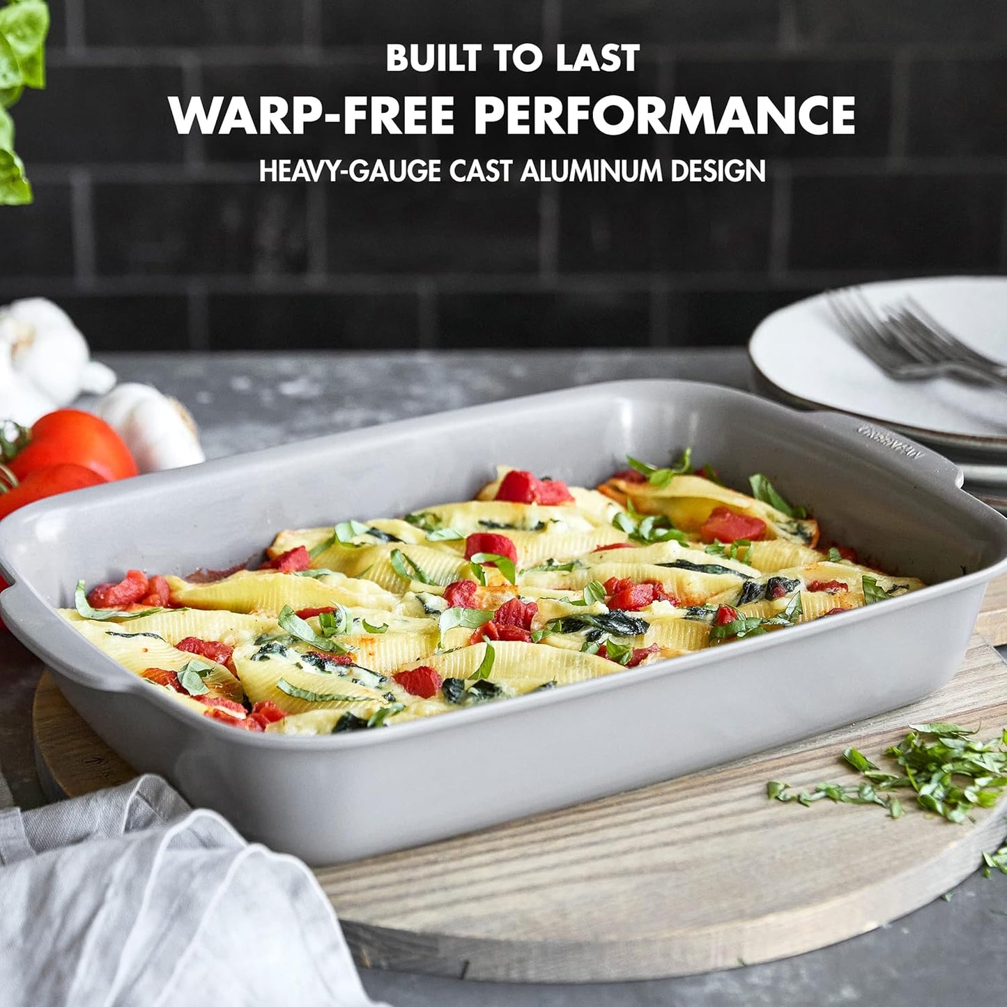 GreenPan Premiere Ovenware Healthy Ceramic Nonstick 13" x 9" Rectangular Baking Pan, Cast Aluminum Bakeware, Warp-Free, Oven and Broiler safe to 600F,Dishwasher Safe, PFAS-Free, Gray
