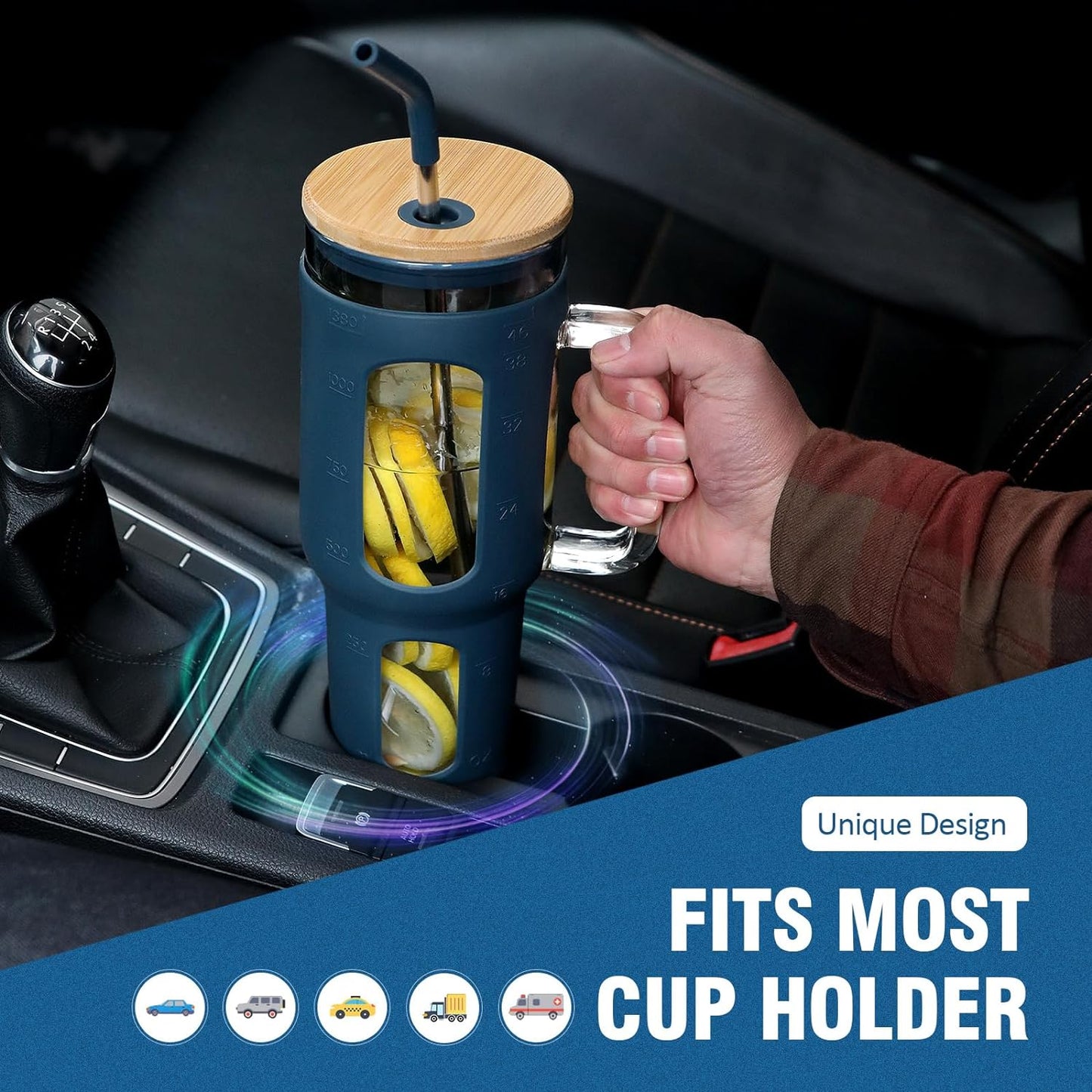 Glass Tumbler with Lid and Straw, 46 oz Iced Coffee Cup with Handle, Large Water Bottles with Silicone Sleeve, Glass Cup with Straws - Pearl Straw & Drinking Straw BPA Free-Blue