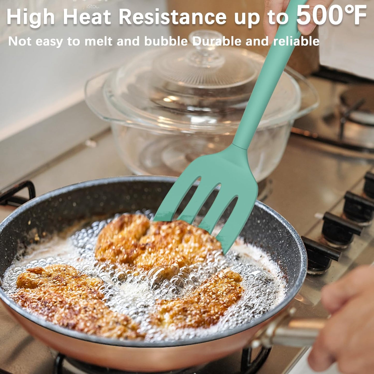 Coukre 2 Pack Silicone Spatula Set, High Heat Resistant, BPA Free Kitchen Spatula, Solid & Slotted Turner for Non-Stick Pans, Sautéing, and Flipping (2, PureAquaGreen)