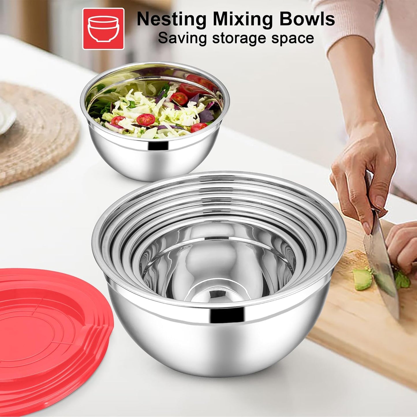 E-far Mixing Bowls with Lids Set, 7-Piece Stainless Steel Mixing Salad Bowls with 3 Grater Attachments, Size 4.6, 3.5, 2.6, 2, 1.5, 1, 0.7QT, Nesting Design & Red Airtight Lids, For Baking/Cooking