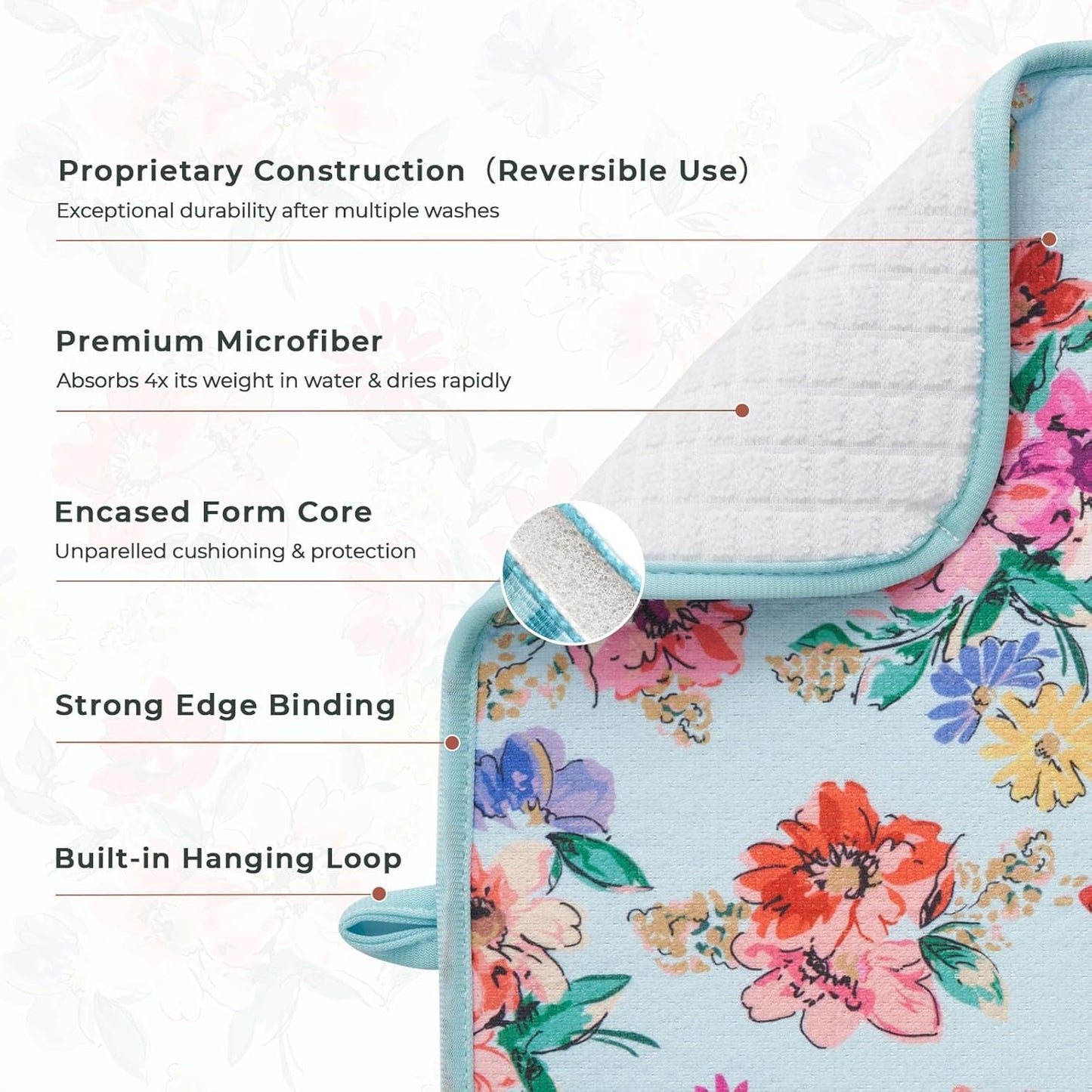 FRESHMINT Printed Dish Drying Mats for Kitchen Counter 2 Pack Absorbent Reversible Drying Mats Microfiber Kitchen Countertop Protector Dishes Drying Pad Extra Large 18"x24" Dish Mat