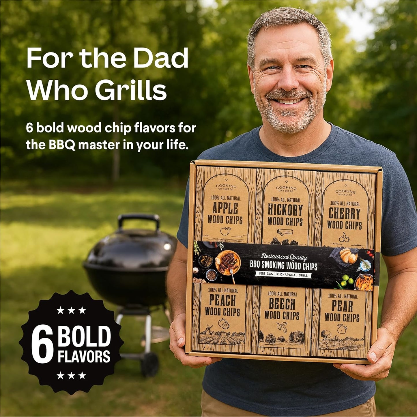 Large Wood Smoking Chips for Smoker - 6 Flavor Variety Pack of Natural Wood Chips - Apple, Hickory, Cherry, Peach, Beech, and Pear - Grilling Accessories for Smoker Grill, Charcoal and Gas Grill