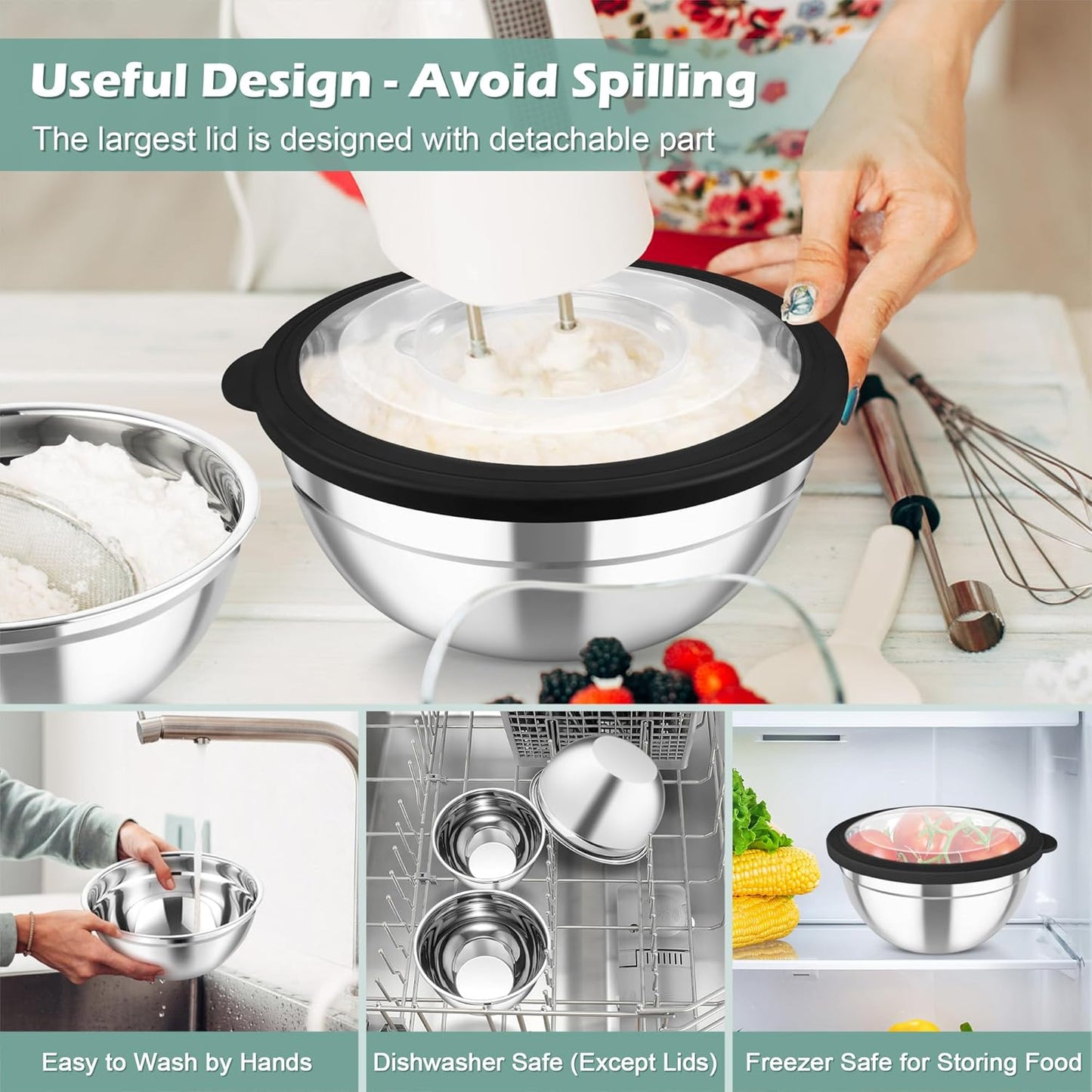 TeamFar Mixing Bowls, 3PCS Stainless Steel Serving Salad Bowls with Lids & 3 Graters, For Kitchen Mixing/Baking/Storing/Prepping, Visible & Airtight, Easy Clean - 4.5/3 / 1.5 QT, Black