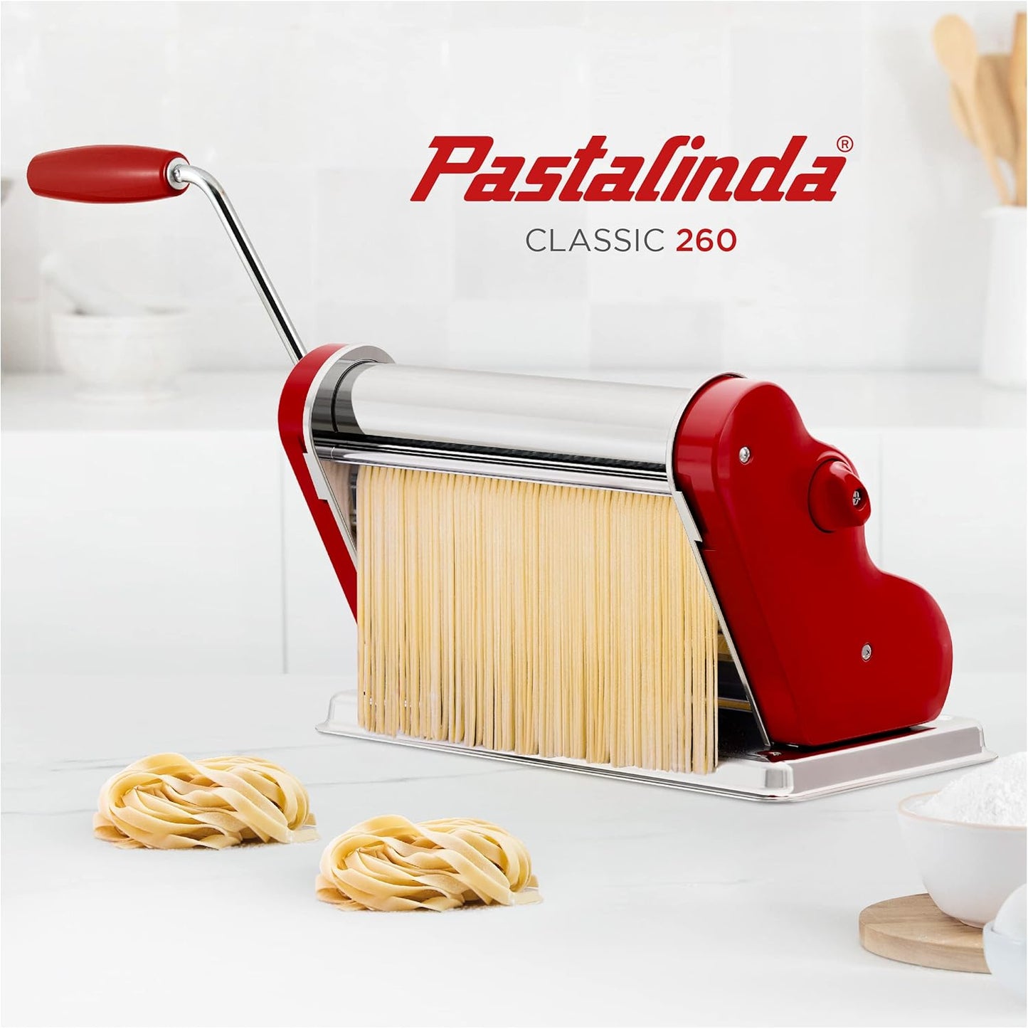 PASTALINDA Classic 260 Pasta Maker Machine, 26 cm Wide Rollers, 9 Thickness Positions, 2 Cutting Positions, Stainless Steel. Includes Reinforced Hand Crank And Two Clamps (Bordeaux)