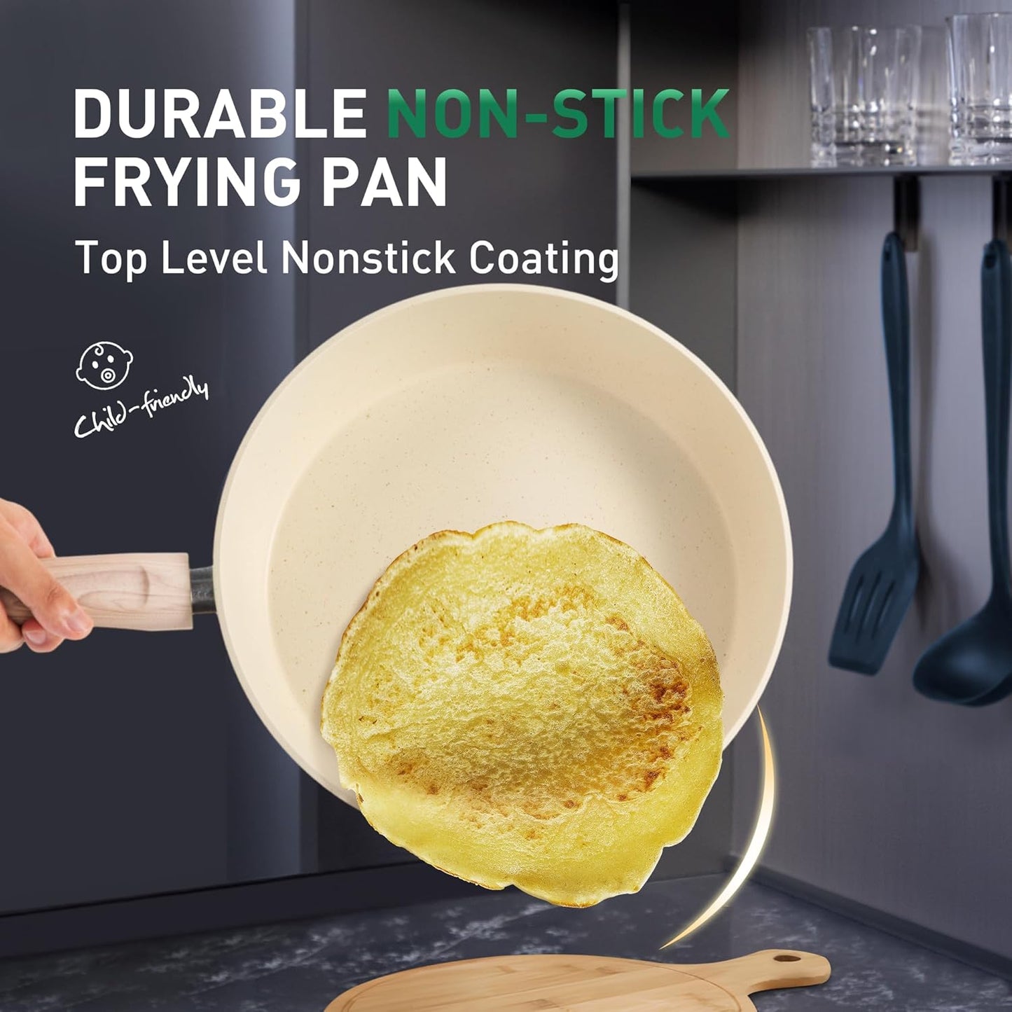 Kitchen Academy Induction Pots and Pans Set Non Stick - 12Pcs Beige Nonstick Kitchen Cookware Set, Granite Cooking Pans Set