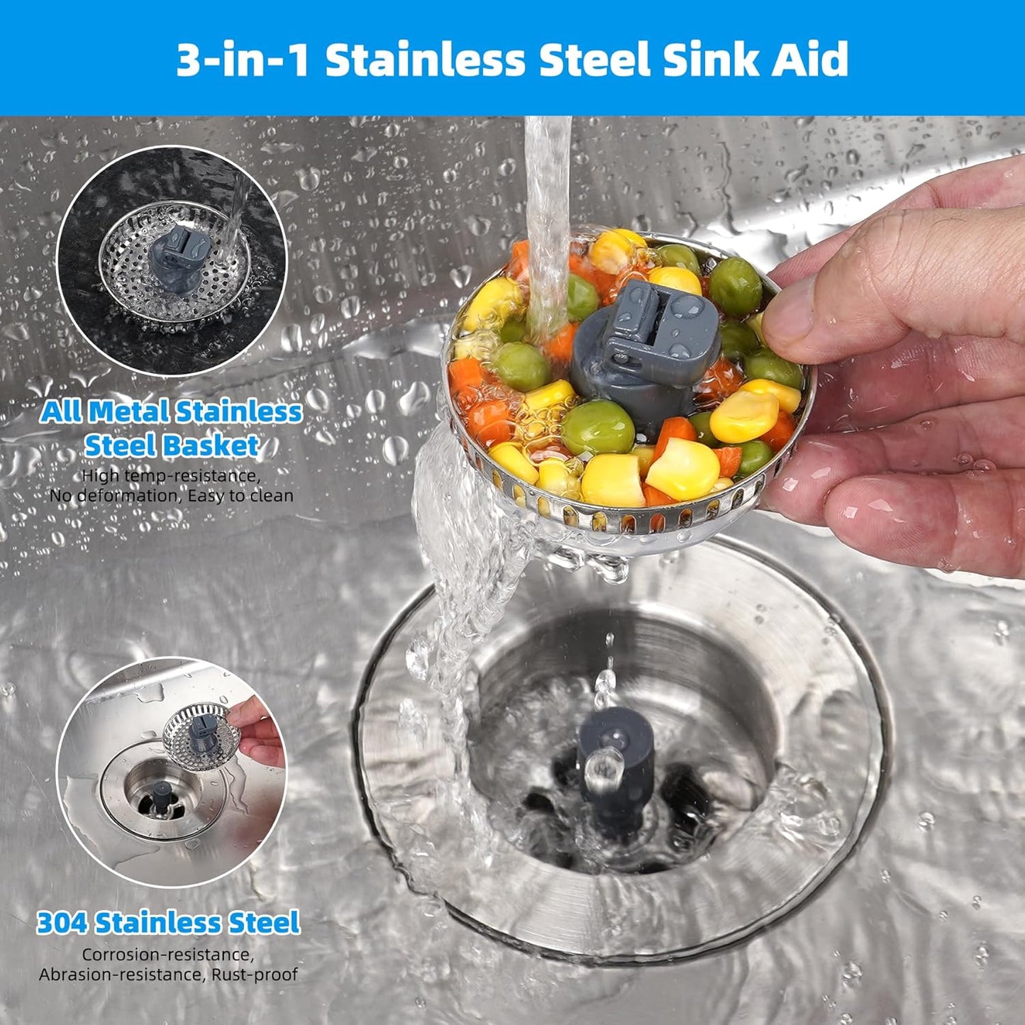 Hibbent 2 Pack 3 in 1 Kitchen Sink Drain Strainer, Stainless Steel Wrapped Shell Drain Stopper Combo, Pop Up Sink Stopper, Anti-Clogging Metal Basket Strainer with Handle for US Standard 3-1/2" Drain