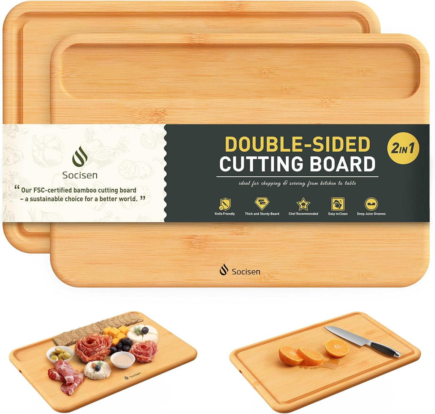 Bamboo Cutting Board Natural Non Toxic Chopping Wood Cutting Board With Juice Grooves Knife-Friendly Finish For Versatile Kitchen Use Ideal Charcuterie & Chopping Large Multi-Use New Home Must Haves