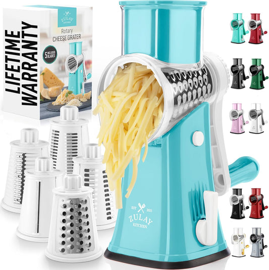 Zulay Kitchen Rotary Cheese Grater 5 Blade Cheese Shredder - Manual Hand Crank Cheese Grater With Reinforced Suction & 5 Interchangeable Drums - Easy to Use, Vegetable Chopper Round Mandoline Slicer