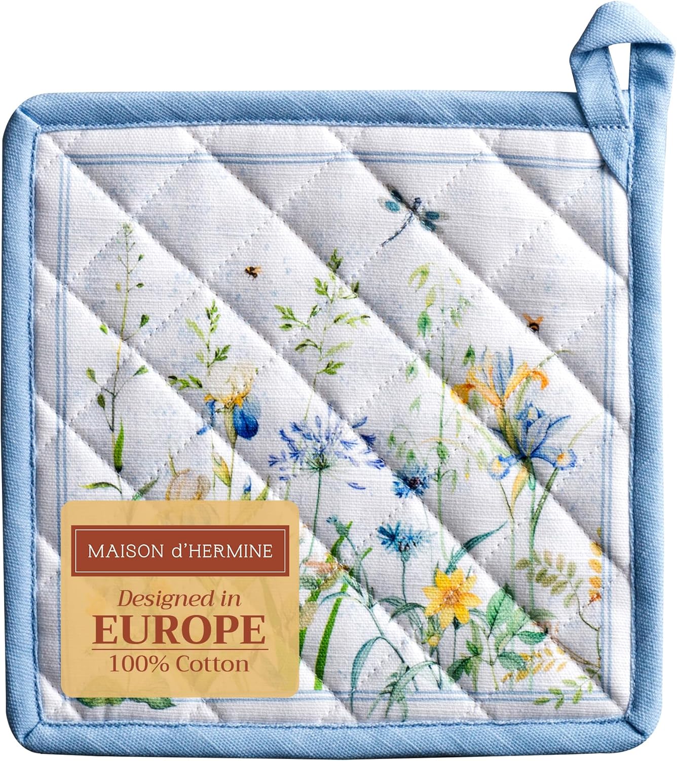 Maison d' Hermine Pot Holders 100% Cotton Heat Resistant Potholders 8" x 8" Hot Pads with Loop BBQ, Cooking, Baking, Grilling, Kitchen, Handling Hot Pans Spring/Summer (Pack of 1, Fleurs De Mai)