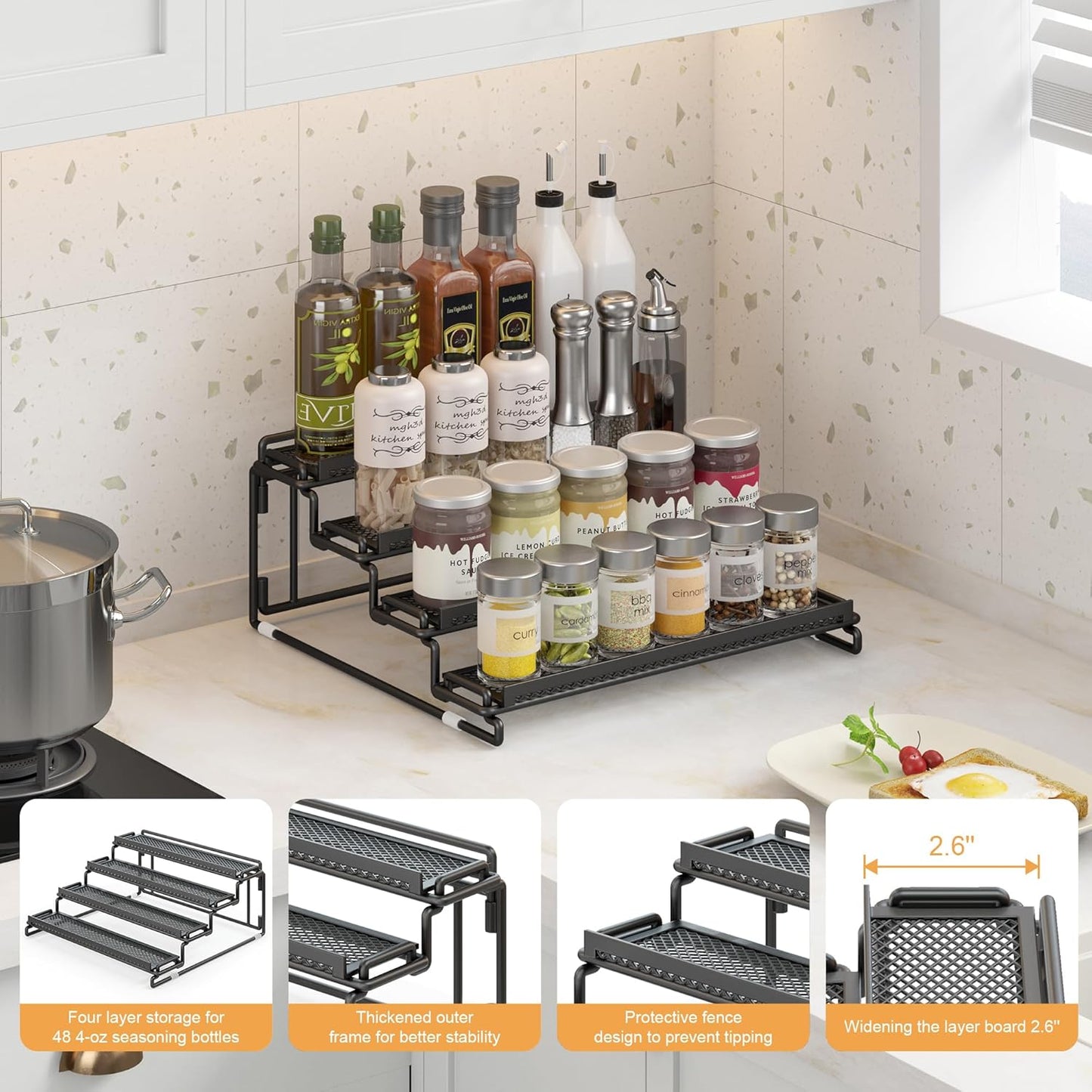 4 Tier Spice Rack Organizer for Inside Cabinet Display Riser Shelf Seasoning Organizer for Countertop Cupboard Pantry Step Storage Holder with Protection Railing (2PC Black)