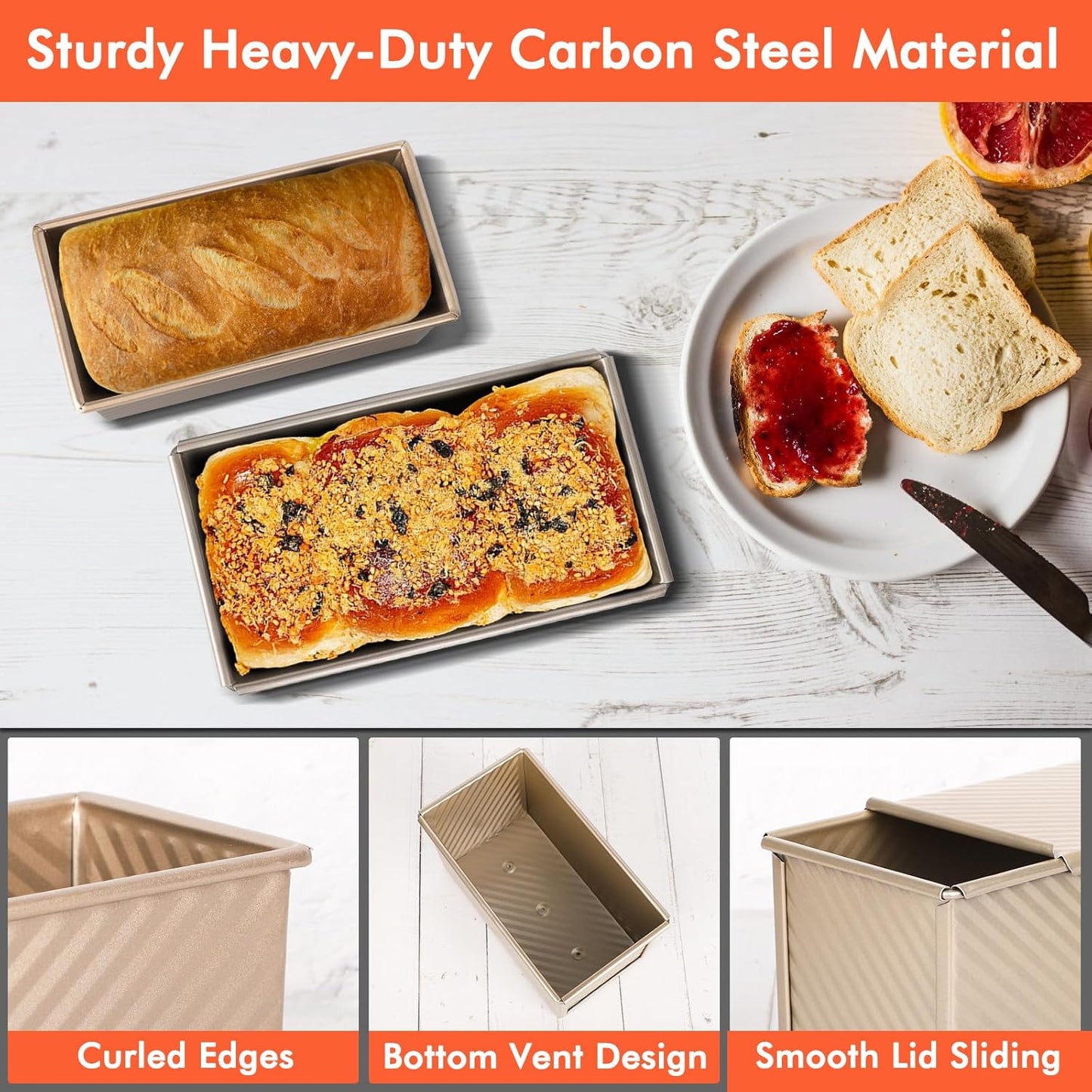 Beasea Pullman Loaf Pan with Lid, 2 Pack Non-Stick Bread Loaf Pans 1 lb & 0.5 lb Carbon Steel Bread Toast Box with Dough Scraper for Homemade Bread Toast Oven Baking - Gold