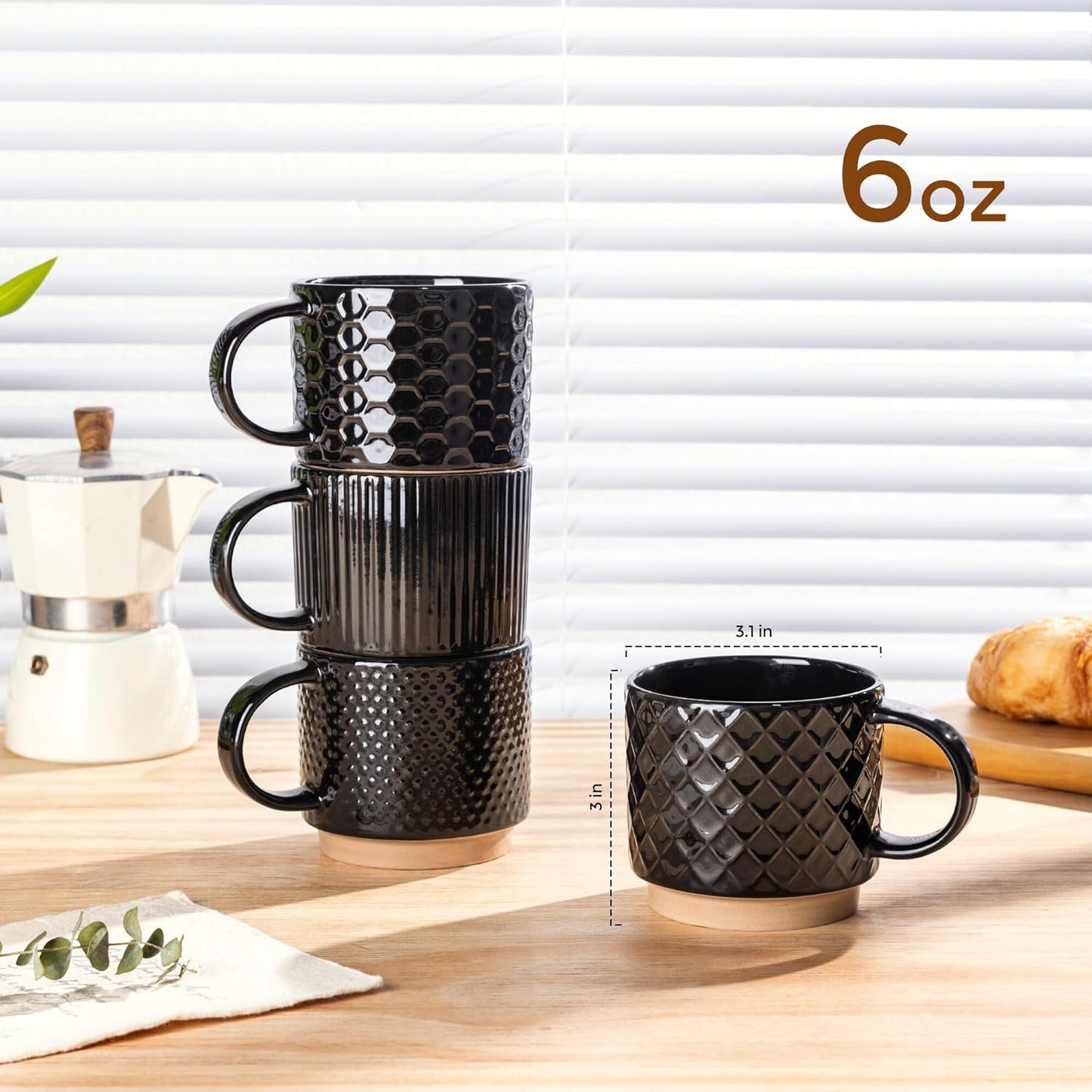 GBHOME 6OZ Stackable Coffee Mugs, Ceramic Coffee Mugs with Texture Patterns for Man,Woman,Dad,Mom, Modern Coffee Cups Set of 4 for Espresso/Cappuccino/Cocoa. Dishwasher&Microwave Safe, Black