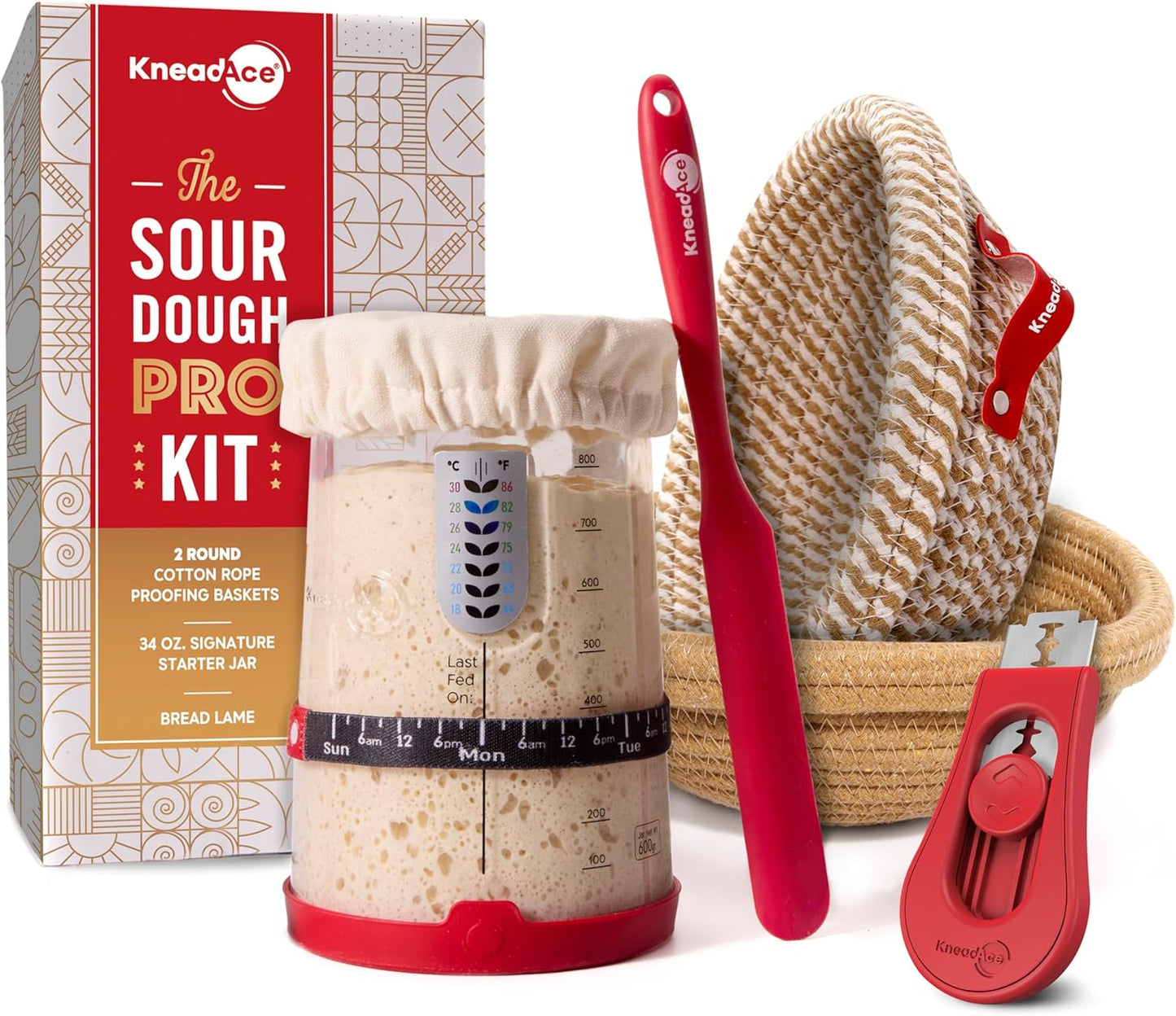 KneadAce Sourdough Starter Kit (PRO 34oz Jar, 2xRound Baskets, Red Bread Lame)
