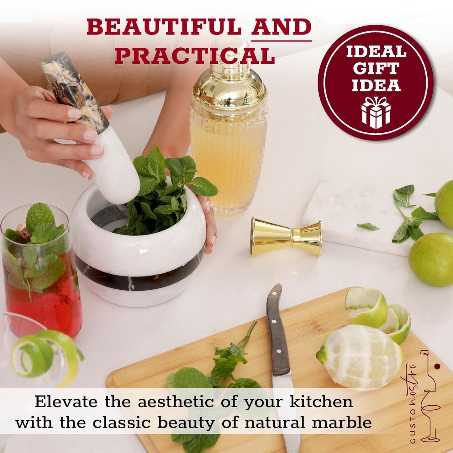 Gusto Nostro Natural Marble Mortar and Pestle Set | 6 Inch - 3.5 Cup Extra Large Mortar Pestle Set for Grinding Herbs, Nuts, Grains | Pesto Grinding and Guacamole Stone Bowl | Marble Spice Crusher