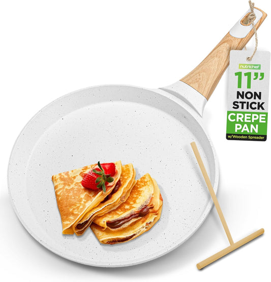 NutriChef 11” Non-Stick Crepe Pan with Wooden Spreader, Durable Marble Coated Dosa Pan, Bakelite And Wood Handle With Induction Bottom, Easy-to-Clean, Stain-Resistant (White Cream Marble)