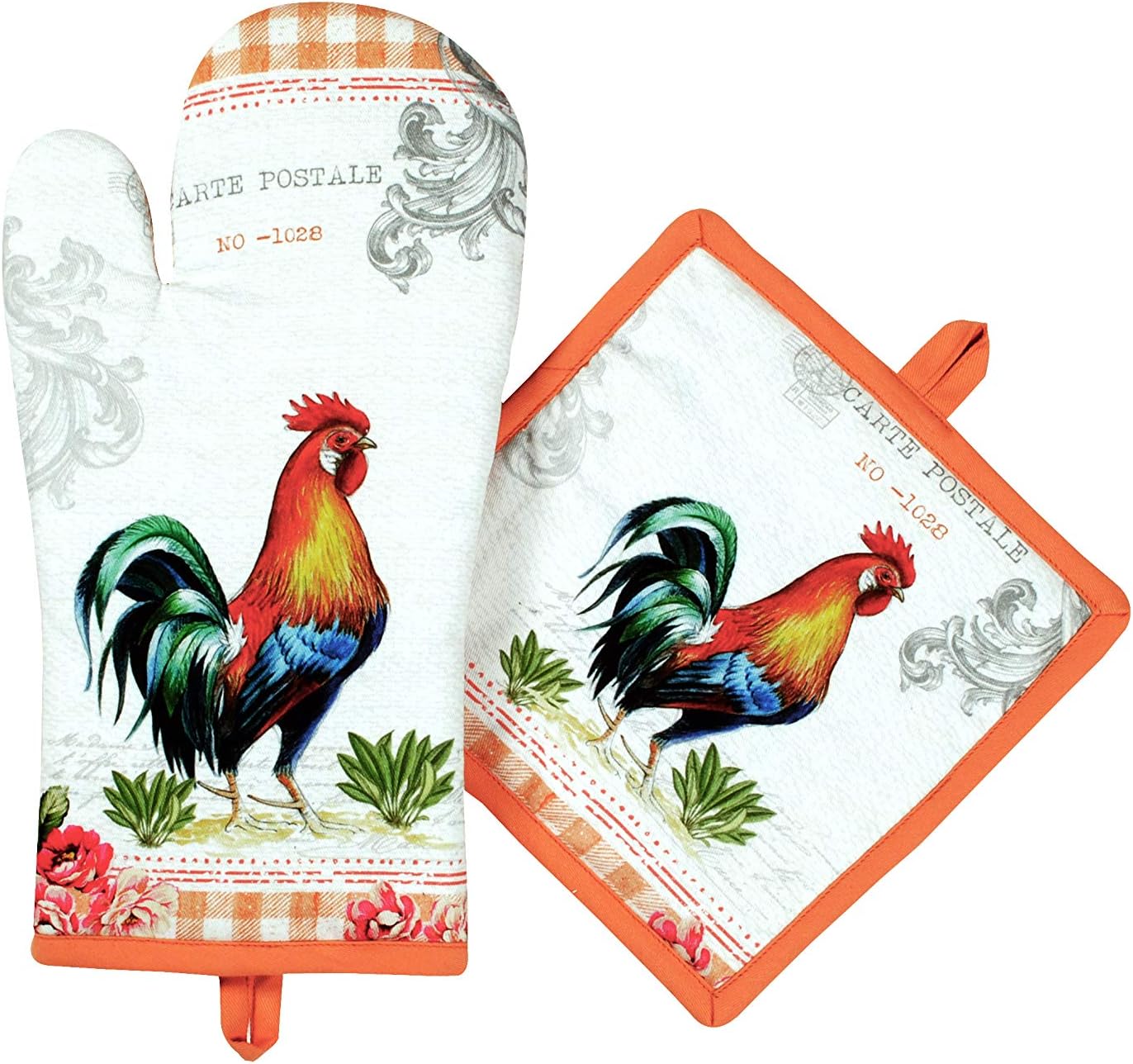 AMOUR INFINI Oven Mitts and Pot Holders Sets Heat Resistant, Non-Slip 1 Oven Mitt and 1 Pot Holder BBQ Party Baking Kitchen Set (Farm Rooster Design)