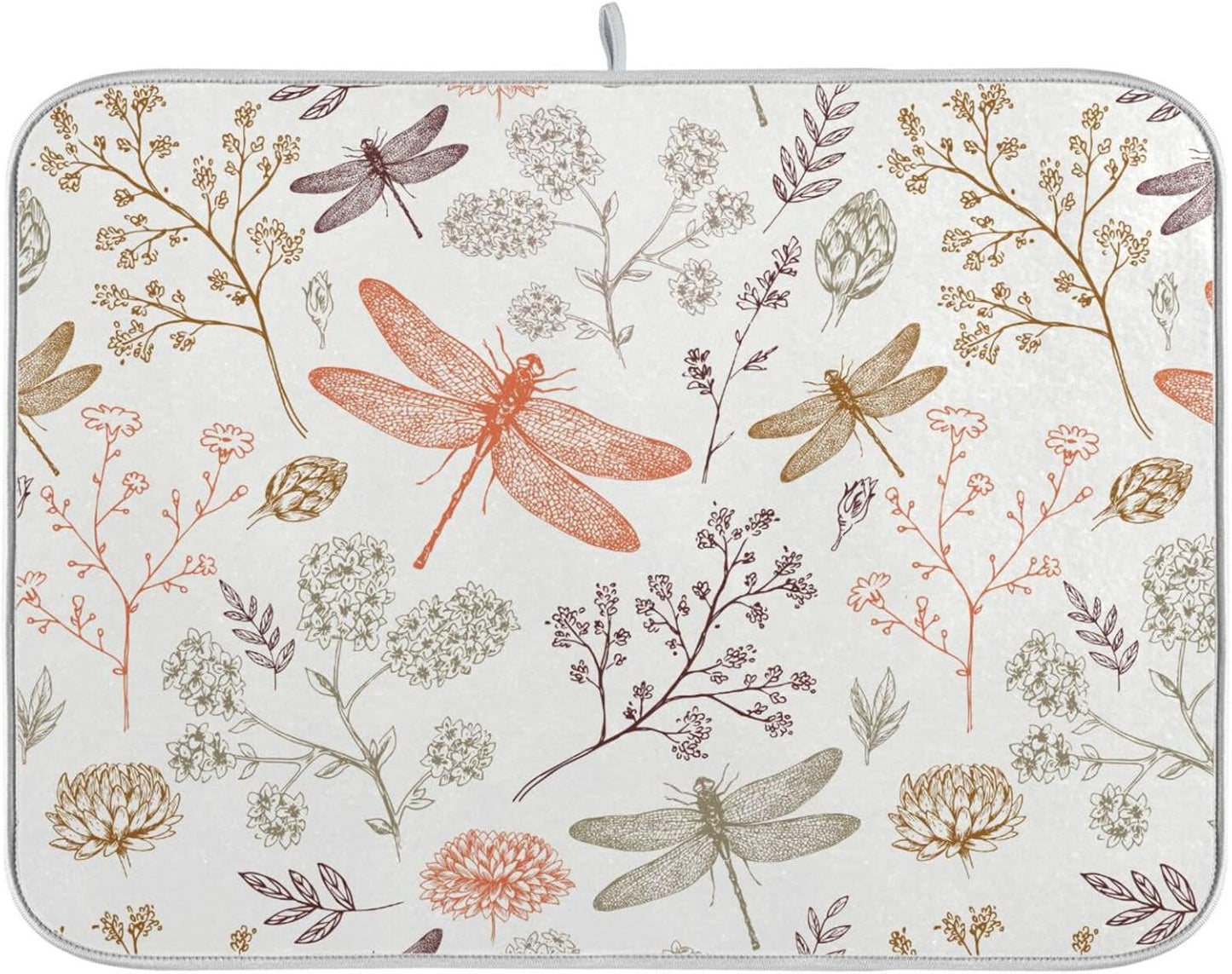 Dragonfly Botanical Plant Dish Drying Mat for Kitchen Counter Absorbent Microfiber Drying Pad, Large 18x24 in, Reversible Drainer Mats