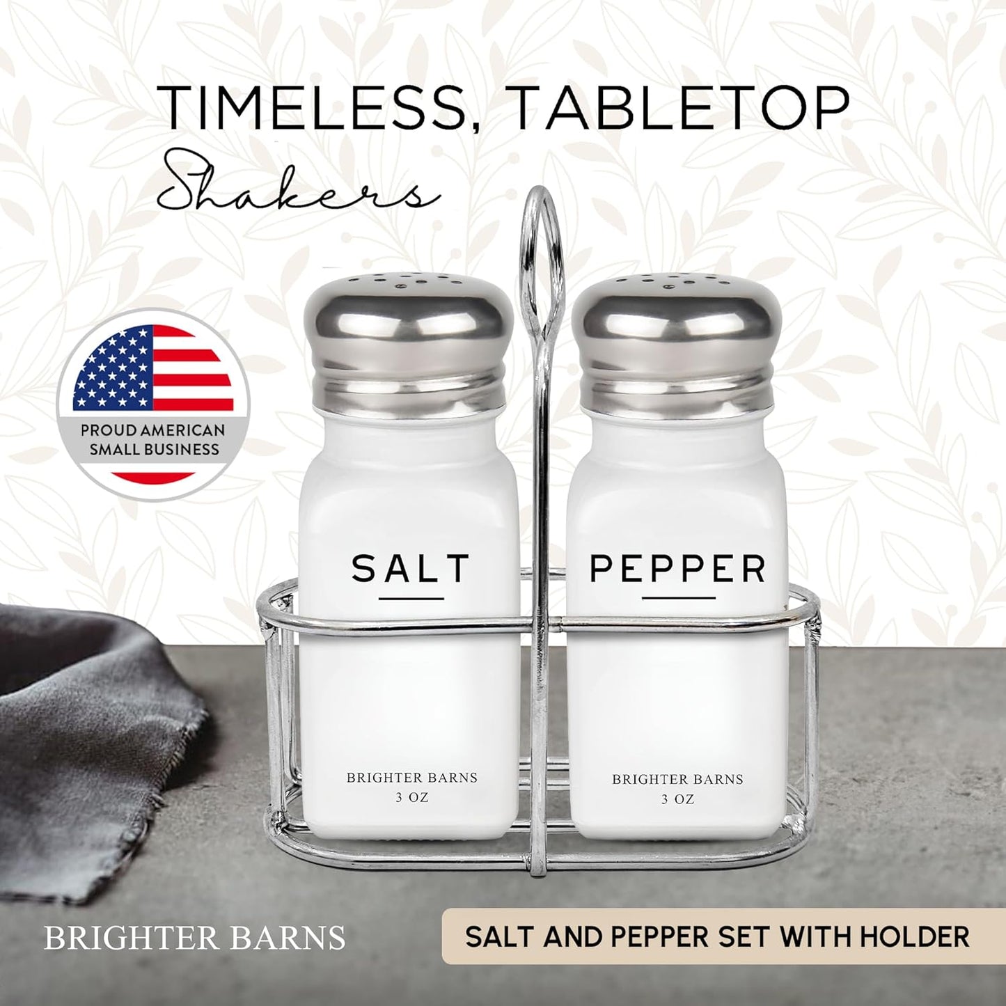 White Salt and Pepper Shakers Set with Holder by Brighter Barns - Neutral Minimalist Glass Salt Shaker with Caddy - Dining Table Decor, Modern Kitchen Accessories for Restaurant, Hotel, Airbnb (White)