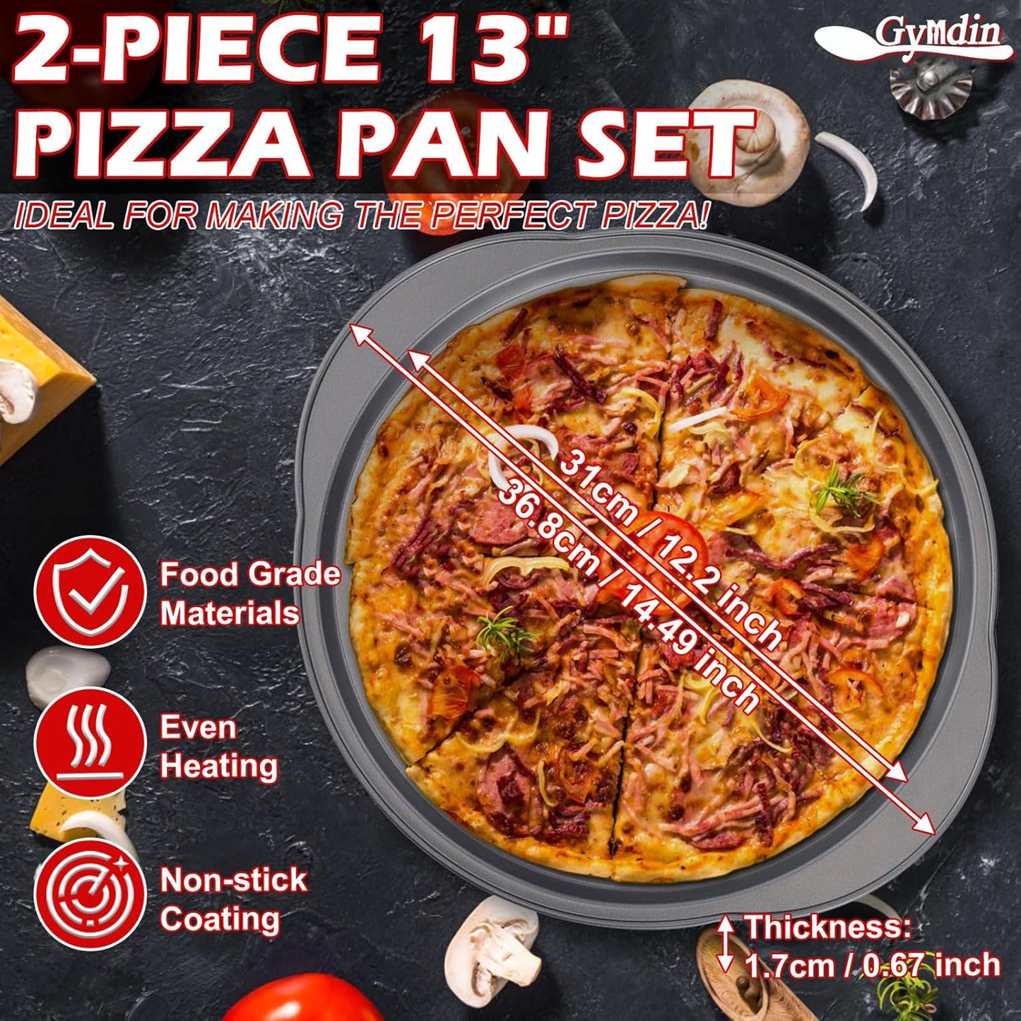 Pizza Pan for Oven - 13" Round Pizza Pans with Holes(2 Pack), Non-stick Carbon Steel Pizza Trays with Handle, Easy to Clean & Oven Safe