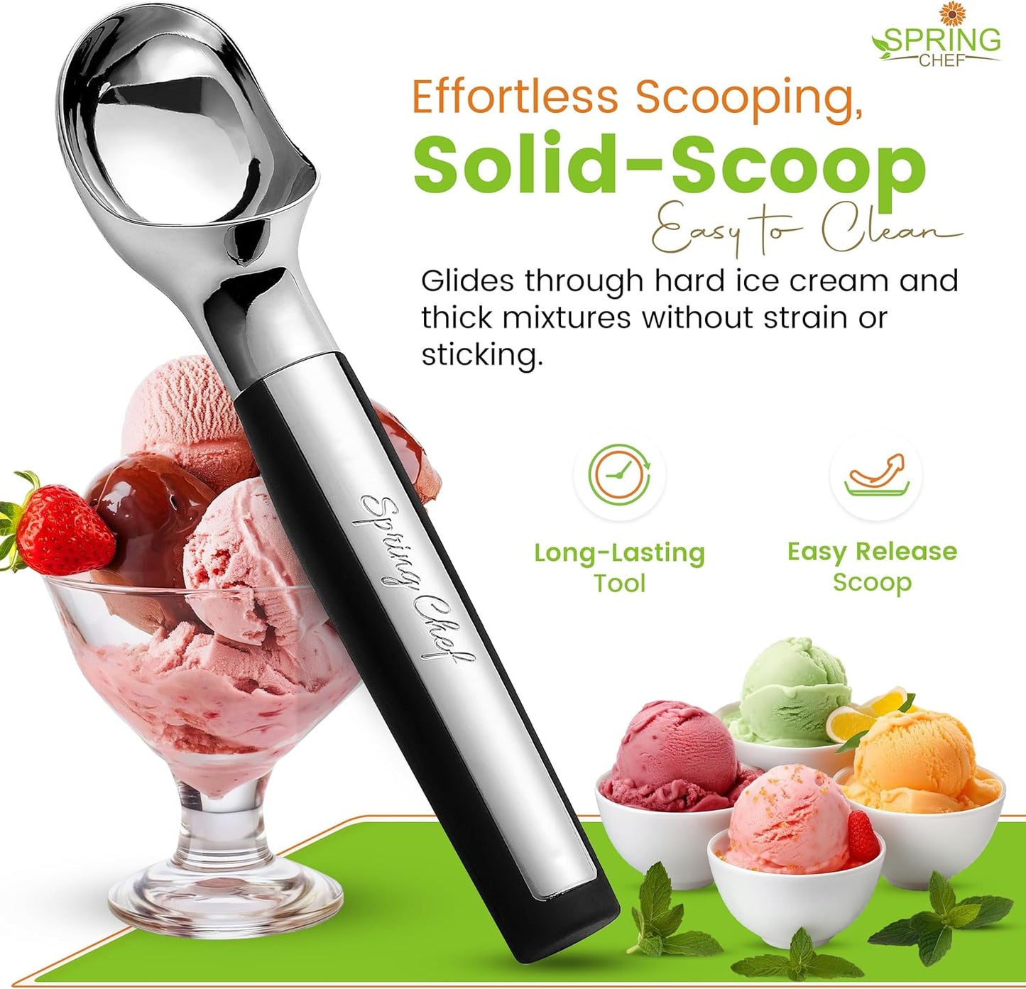 Spring Chef Heavy Duty Metal Ice Cream Scoop - Dishwasher Safe Ice Cream Scooper, Commercial Icecream Scoop Spade, Professional Kitchen Tool for Gelato, Melon, Sundae, Cookie Spoon - Black