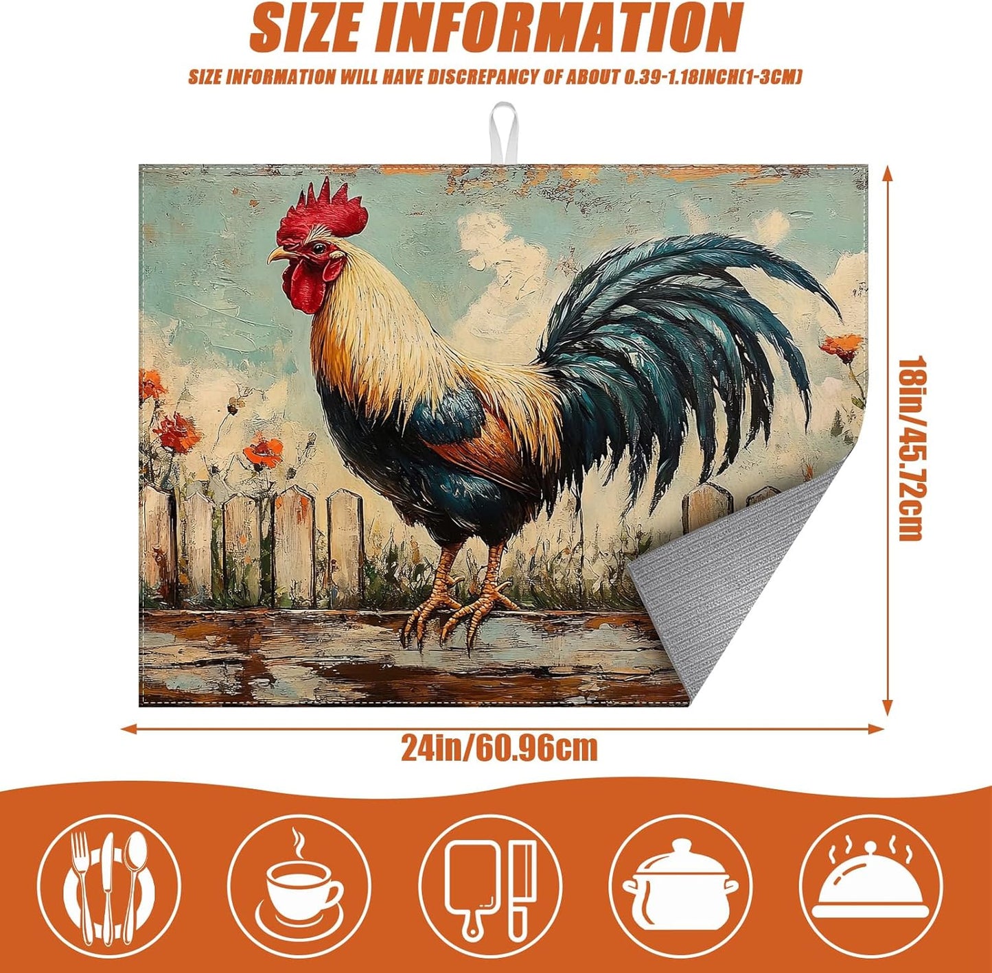 Vintage Rooster Dish Drying Mat for Kitchen Counter Microfiber Absorbent Dish Kitchen Drying Mat Draining Reusable Washable for Dishes/Utensils/Counterto