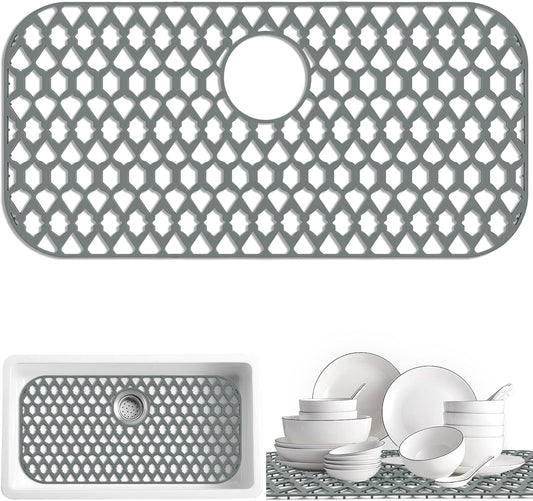 Sink Protectors for Kitchen Sink 13x11 &16x12 &19x14 &21x16 &22x13 &24x13 &26x14 &28x14 &30x16, Large Silicone Sink Mats Grid for Bottom of Farmhouse Sink (28”x14.4”, Rear Drain)
