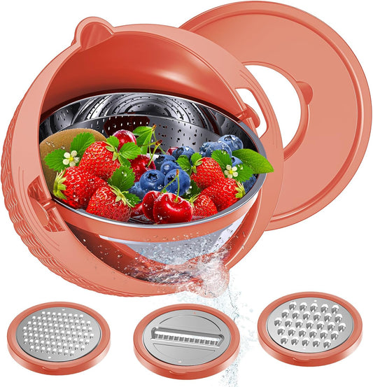 4-1 Colander with Bowl Set - Rotatable Strainers for Kitchen, Food Strainers and Colanders, Pasta Strainer, Rice Strainer, Fruit Cleaner, Veggie Wash, Kitchen Gadget Essentials - Orange