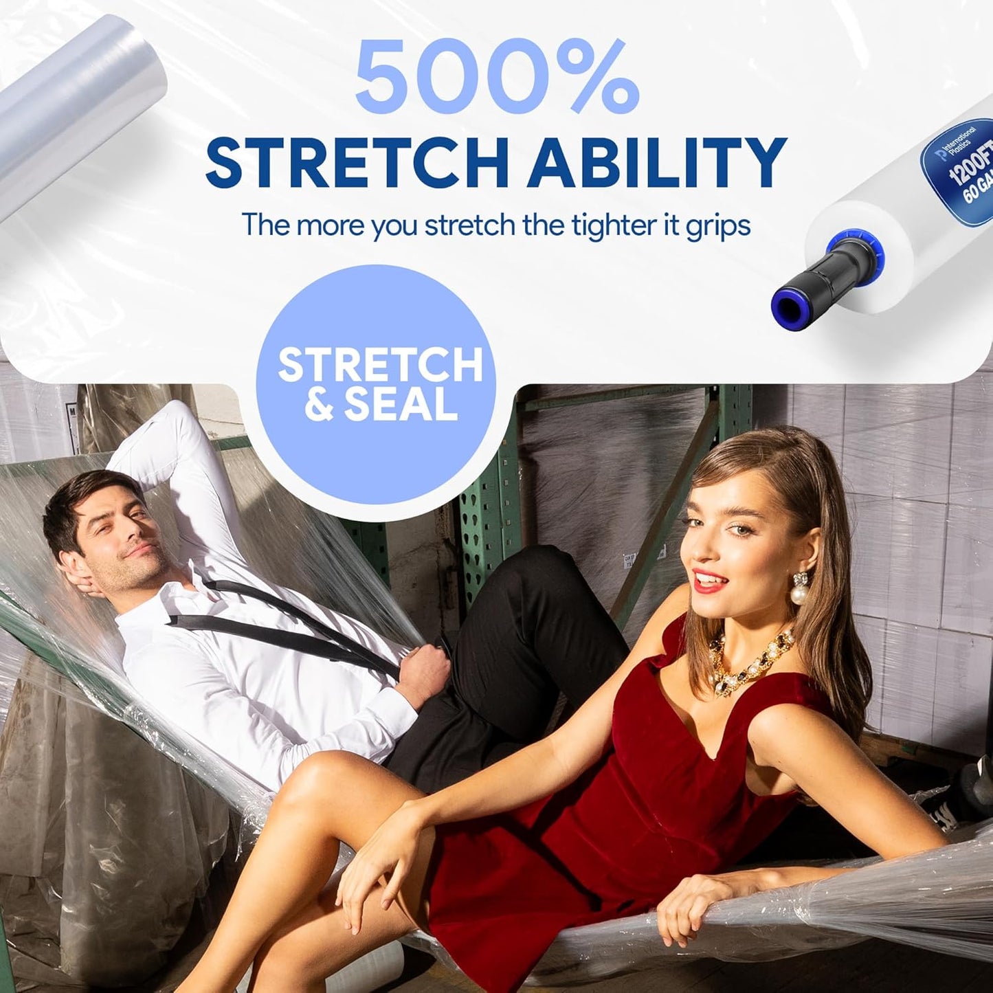 International Plastics Co. 2 Pack 15" Plastic Stretch Film Wrap with Extended Tension Handles 1200ft Each 500% Stretch Clear Cling Durable Adhering Packing Moving Heavy Duty Pallet Shrink