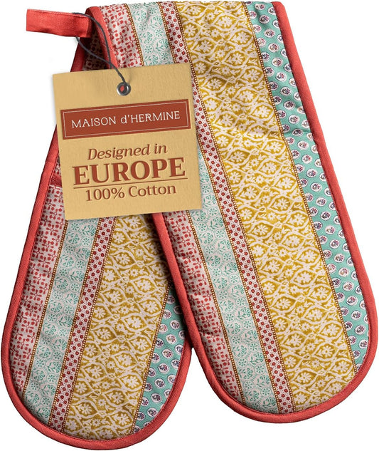 Maison d' Hermine Double Oven Mitts 100% Cotton 7"x35" Double Oven Mitt Heat Resistant BBQ Cooking Gloves with Loop, Baking, Grilling, Home, Kitchen, Handling Hot Pans Spring Summer (Provence)