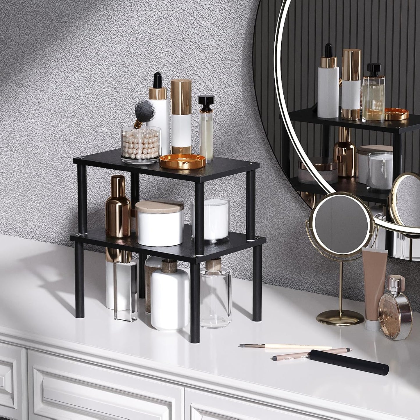 Cabinet Organizer Shelf(Set of 2),Kitchen Counter Shelves,Bamboo Spice Rack Countertop and Cabinet,Stackable Expandable,Medium(Black)