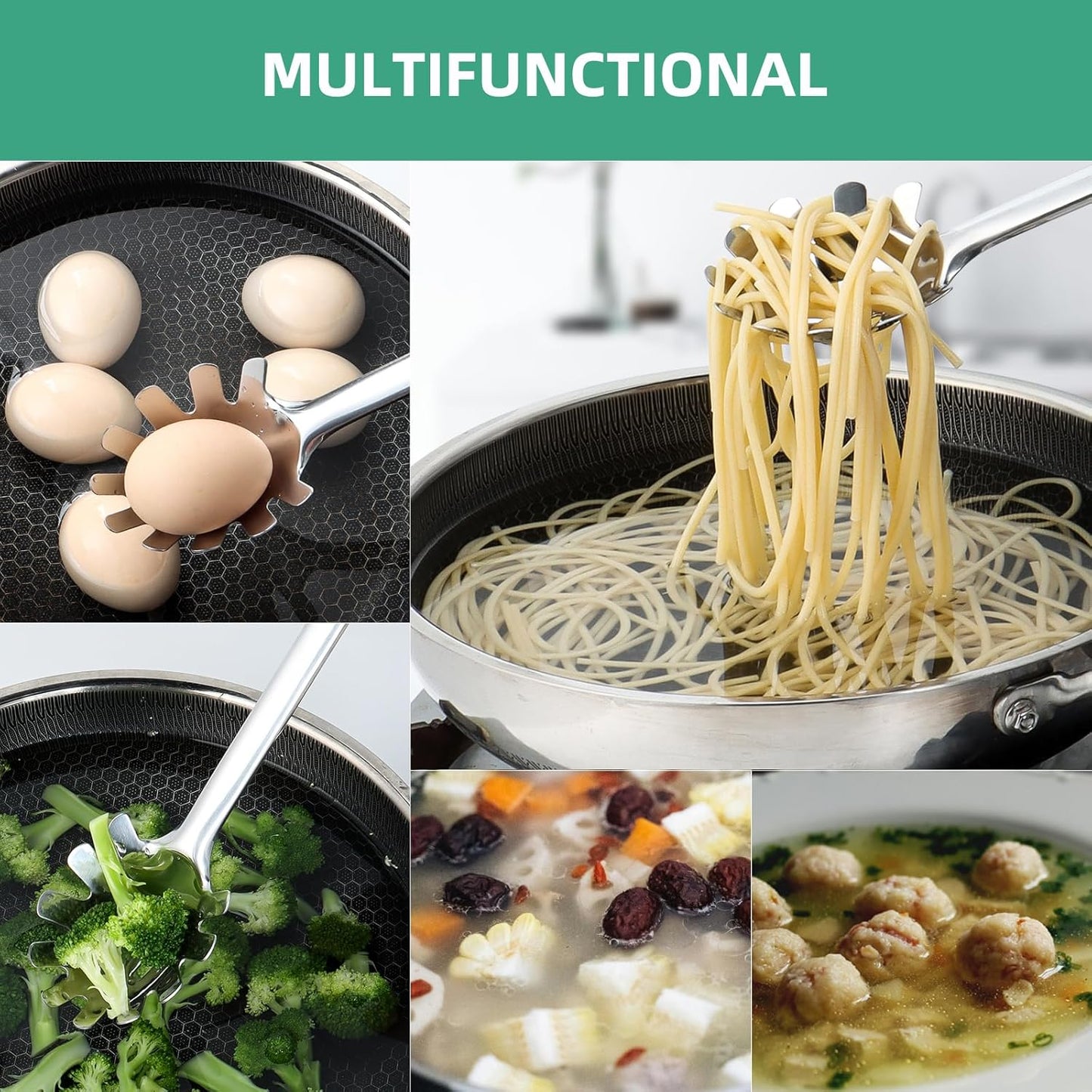 Spaghetti Spoon, Stainless Steel Pasta Fork for Serving and Cooking, 13.4 Inch Pasta Spoon with Teeth for Noodles, Ramen and Tagliolini, Comfortable Grip Design, Silver