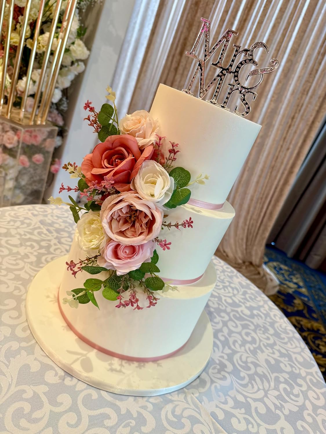 Rinlong 3Pcs Pre-made Pink Cake Topper Flowers Cake Decorations Wedding Cake Decorating Flowers Decor for Baptism Girl Baby Shower Birthday Party