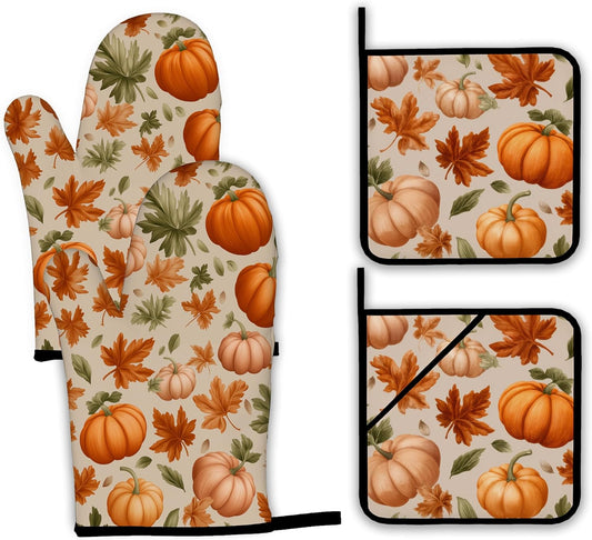 Fall Pumpkin Oven Mitts and Pot Holders,Maple Leaf Heat Resistant Oven Mitts Gloves and Pot Holder for Home Kitchen Decorations Cooking Baking BBQ Gifts,Set of 4