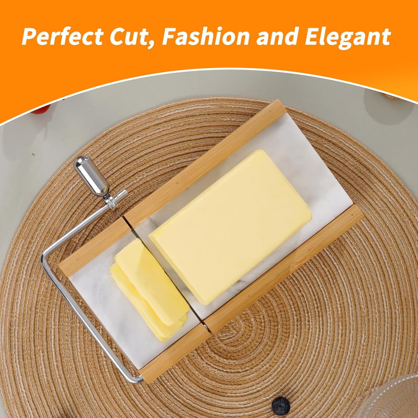 Tianman Cheese Slicer Cheese Cutter with 4 Replacement Cutting Wire,Heavy Duty 8.27"x 4.4",Marble Board Cheese Slicer for Block Cheeses, Butter,Cakes and More(White Grey)