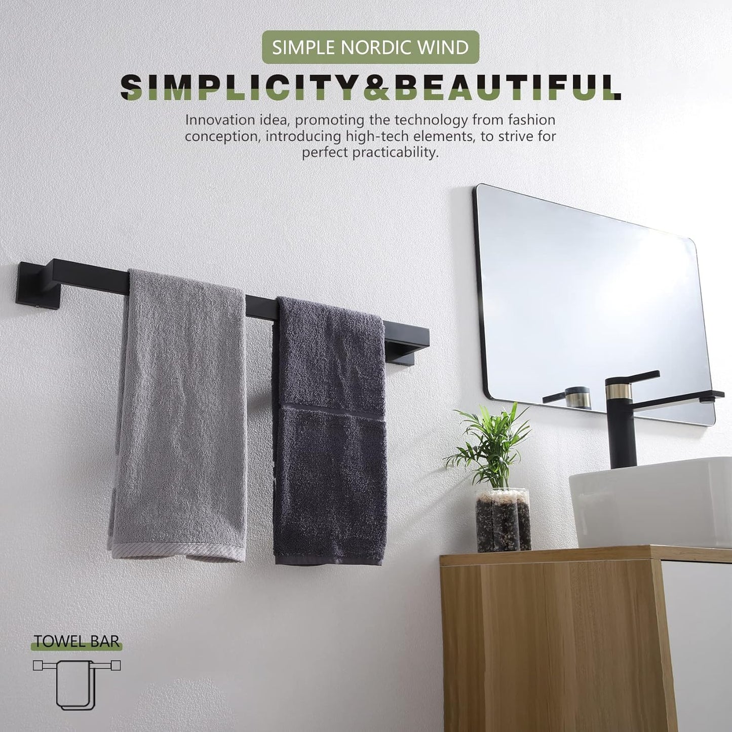 KOKOSIRI 20-Inch Single Towel Bar, Bathroom Kitchen Towel Holder, Wall Mounted SUS304 Stainless Steel Towel Rack 2 Pack, Matte Black, B4003BK-L20-P2