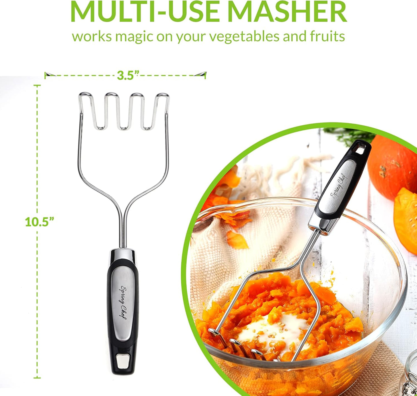 Spring Chef Stainless Steel Potato Masher with Premium Vegetable Peeler, Mashed Potato Masher - Kitchen Tool with Soft Non-slip Handle, Metal Food Masher for Fruit, Avocado, Bean, Guacamole, Banana