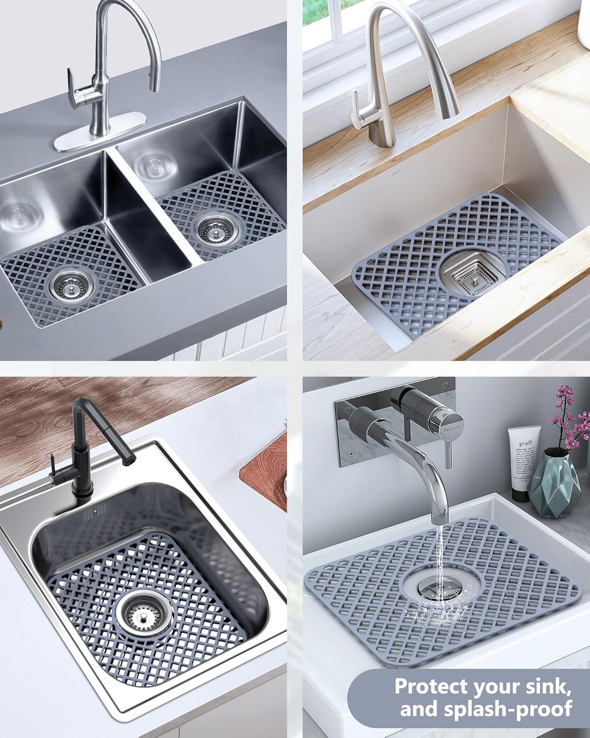 2 Pack Silicone Sink Protector for Kitchen Sink, Lozenge Pattern 13 x 11 inches Sink Grid Mat Silicone Protectors, Center Drain, Gray