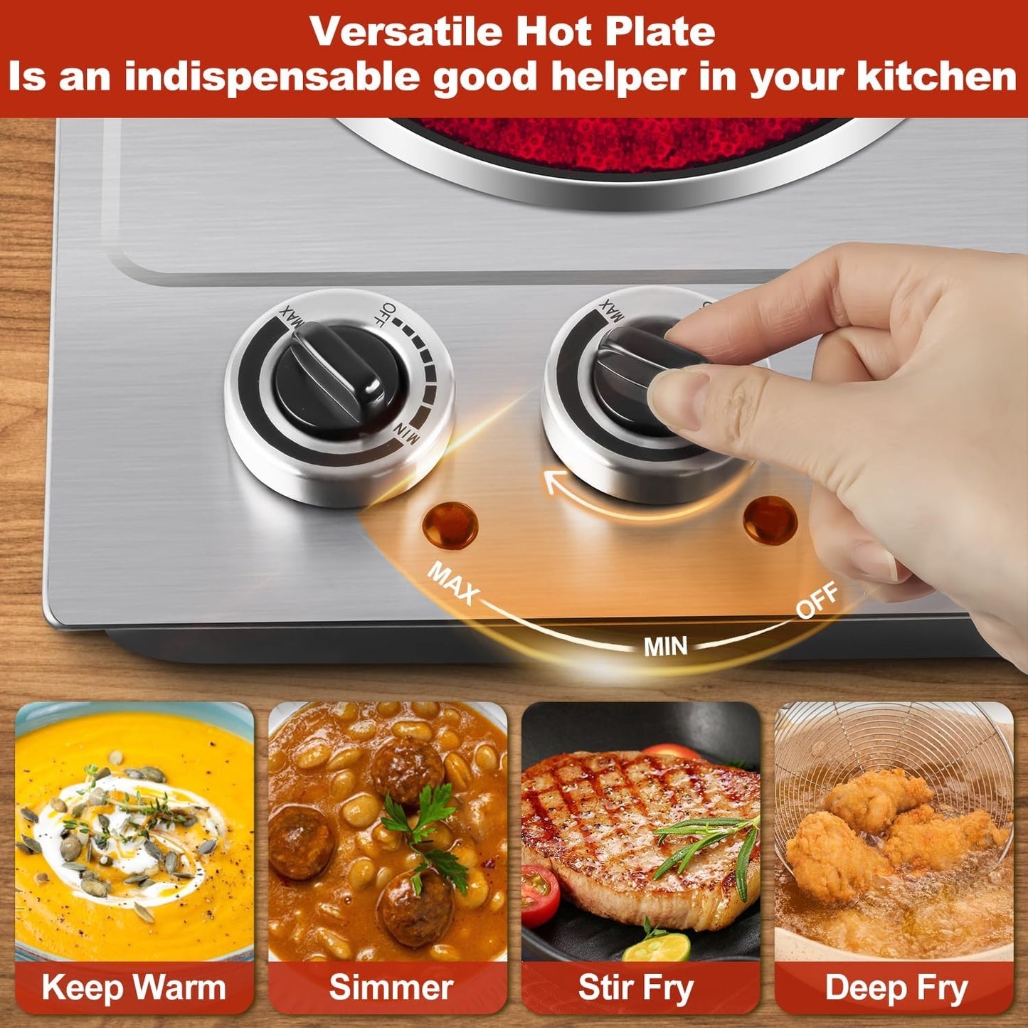 Hot Plate,Cusimax Dual Infrared Burner, Electric Ceramic Glass Stove,Adjustable Temperature Control,Stainless Steel,Compatible of all Cookware,Easy Clean for Home, Dorm, Office